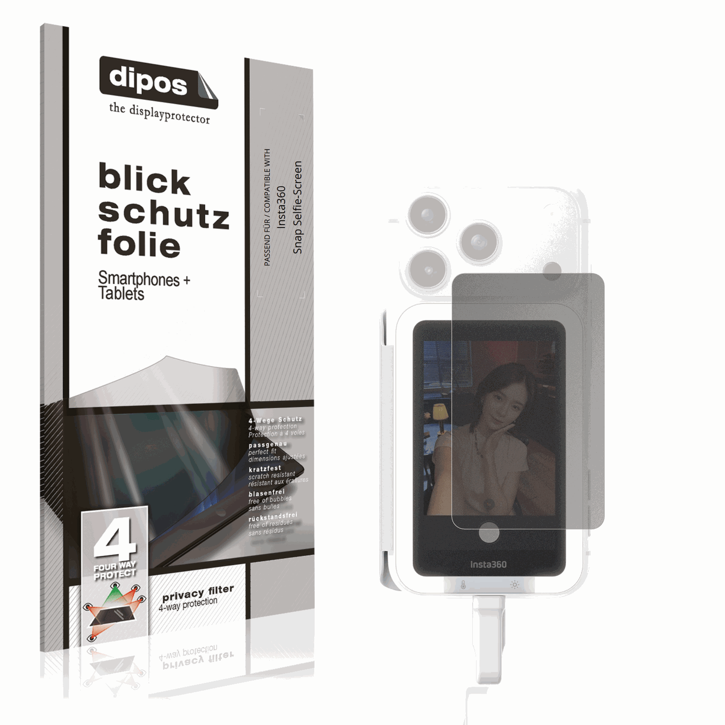 Blickschutzfolie von dipos passend für Insta360 Snap Selfie-Screen, präziser Zuschnitt und blasenfrei montiert