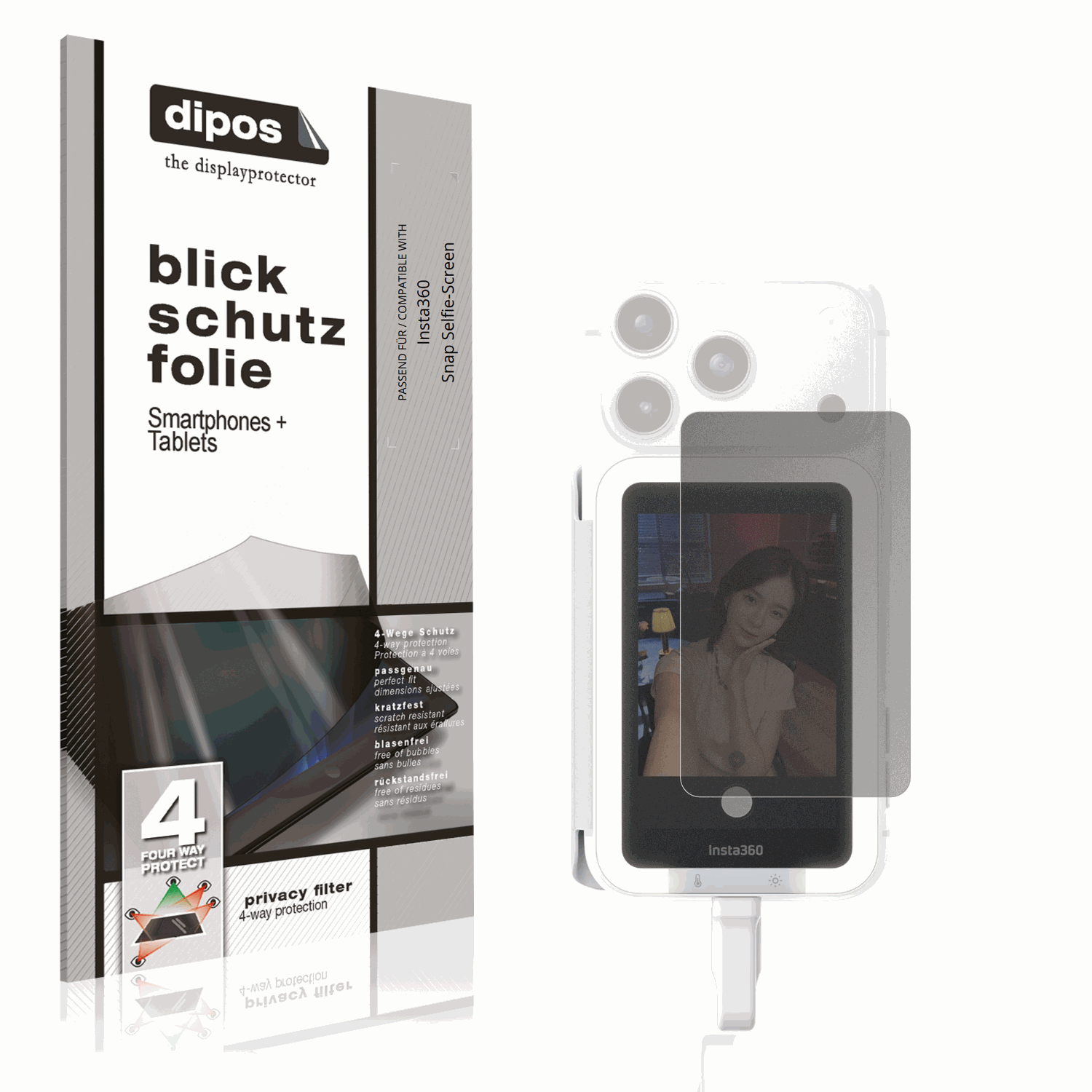 Blickschutzfolie von dipos passend für Insta360 Snap Selfie-Screen, präziser Zuschnitt und blasenfrei montiert