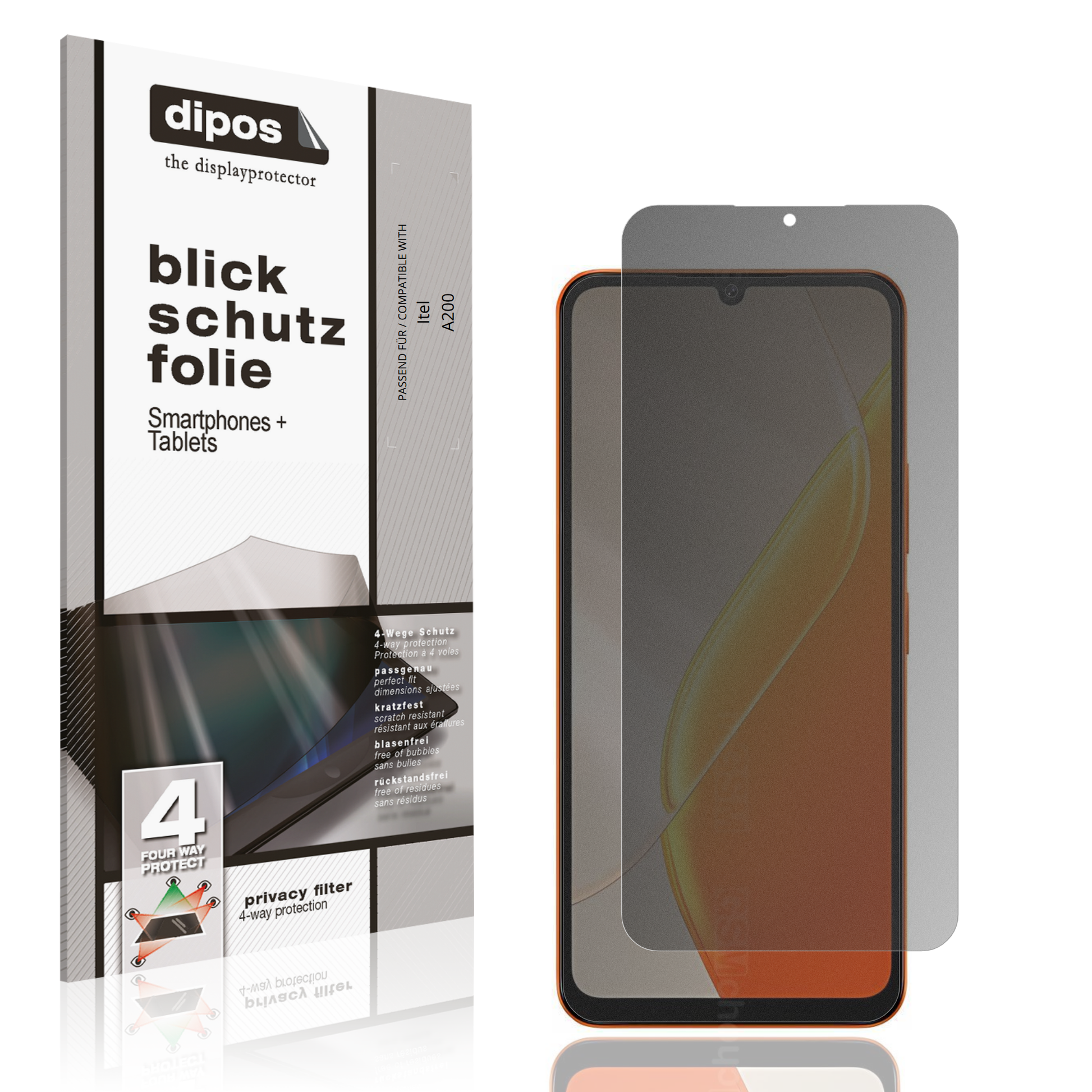 Blickschutzfolie von dipos passend für Itel A200, präziser Zuschnitt und blasenfrei montiert