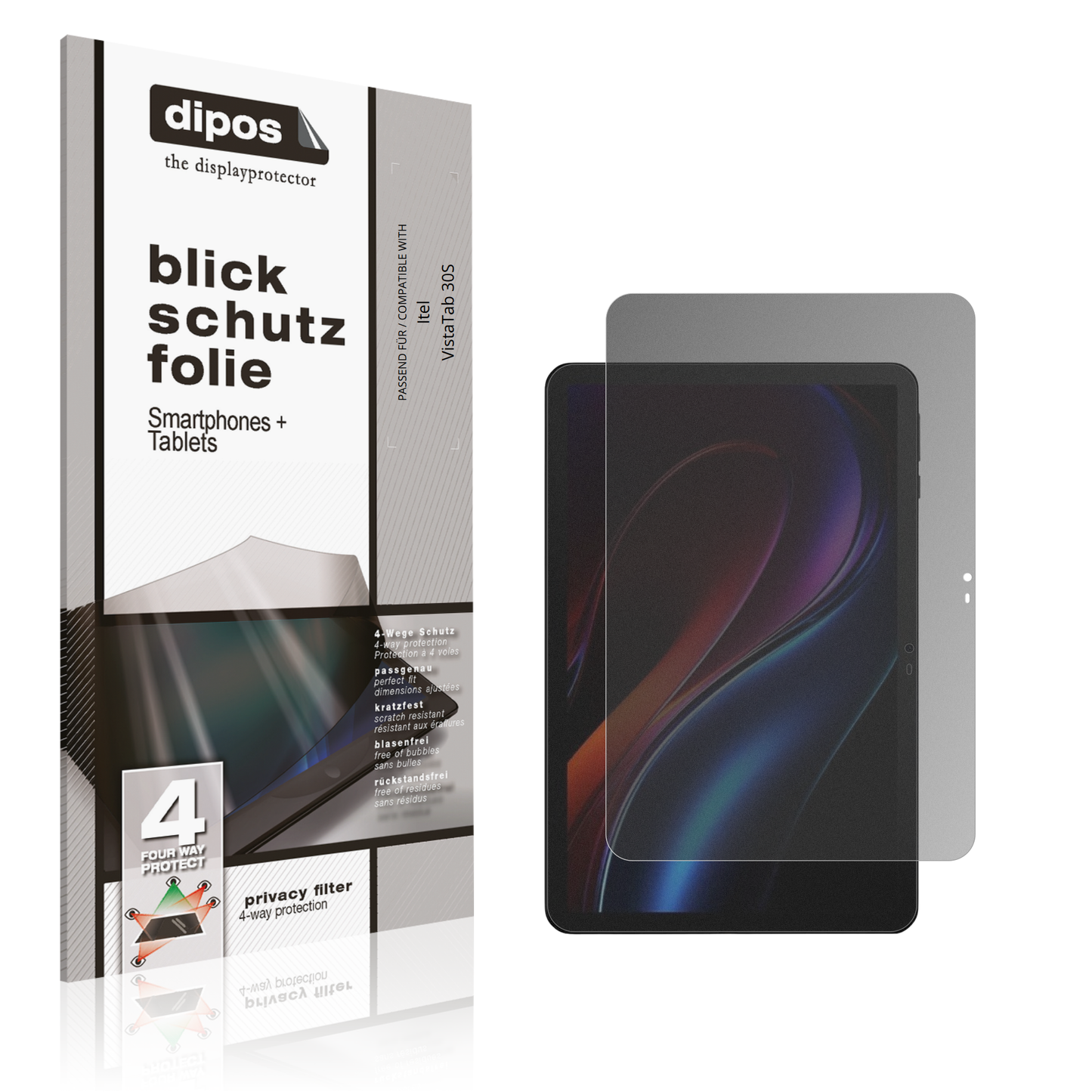 Blickschutzfolie von dipos passend für Itel VistaTab 30S, präziser Zuschnitt und blasenfrei montiert