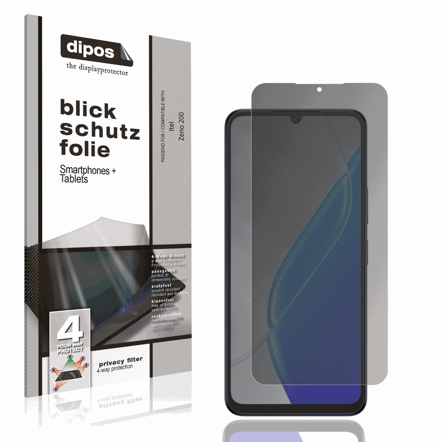 Blickschutzfolie von dipos passend für Itel Zeno 200, präziser Zuschnitt und blasenfrei montiert