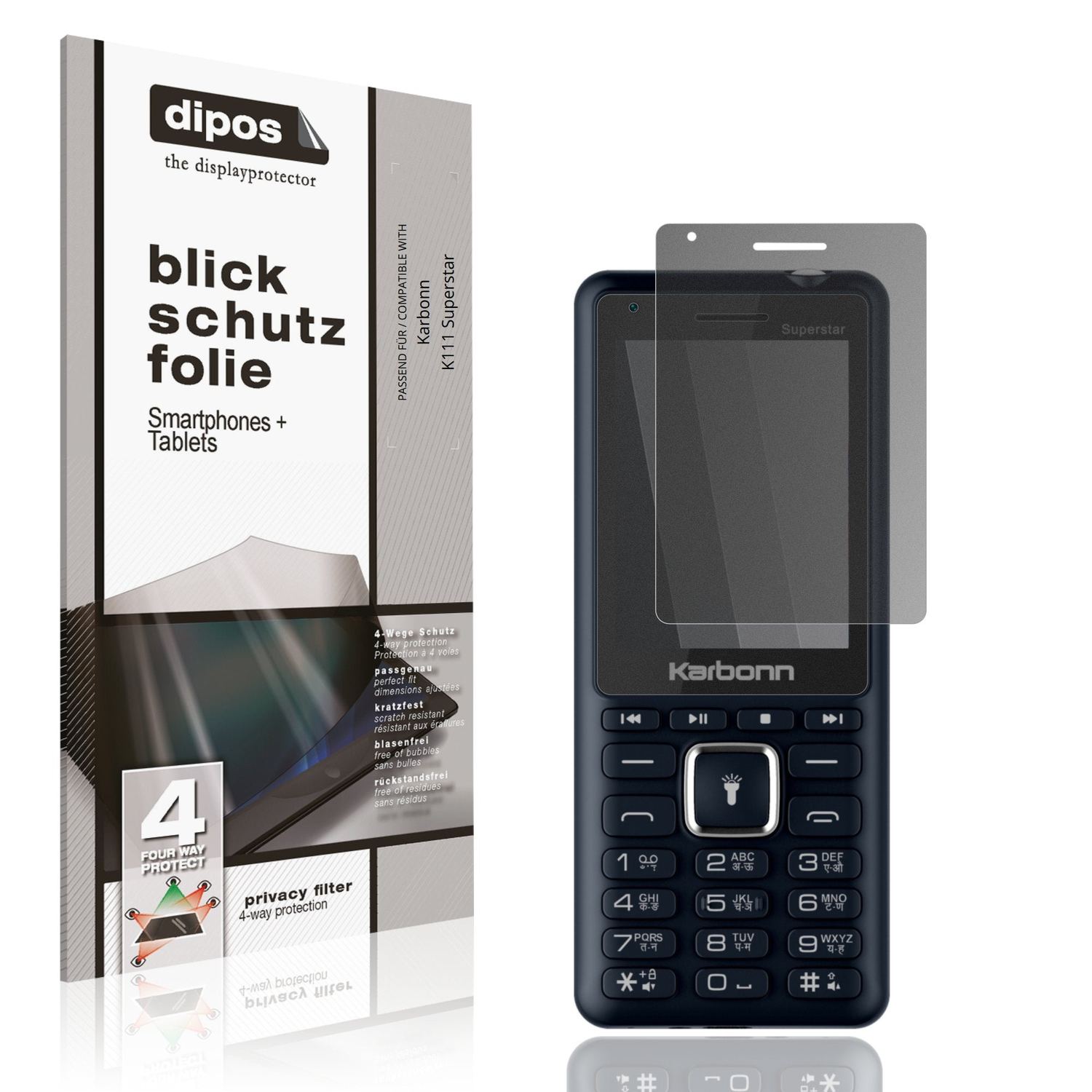 Blickschutzfolie von dipos passend für Karbonn K111 Superstar, präziser Zuschnitt und blasenfrei montiert