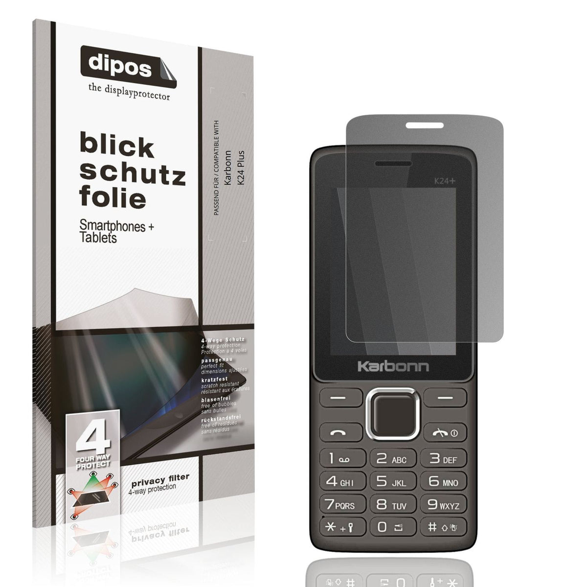 Blickschutzfolie von dipos passend für Karbonn K24 Plus, präziser Zuschnitt und blasenfrei montiert
