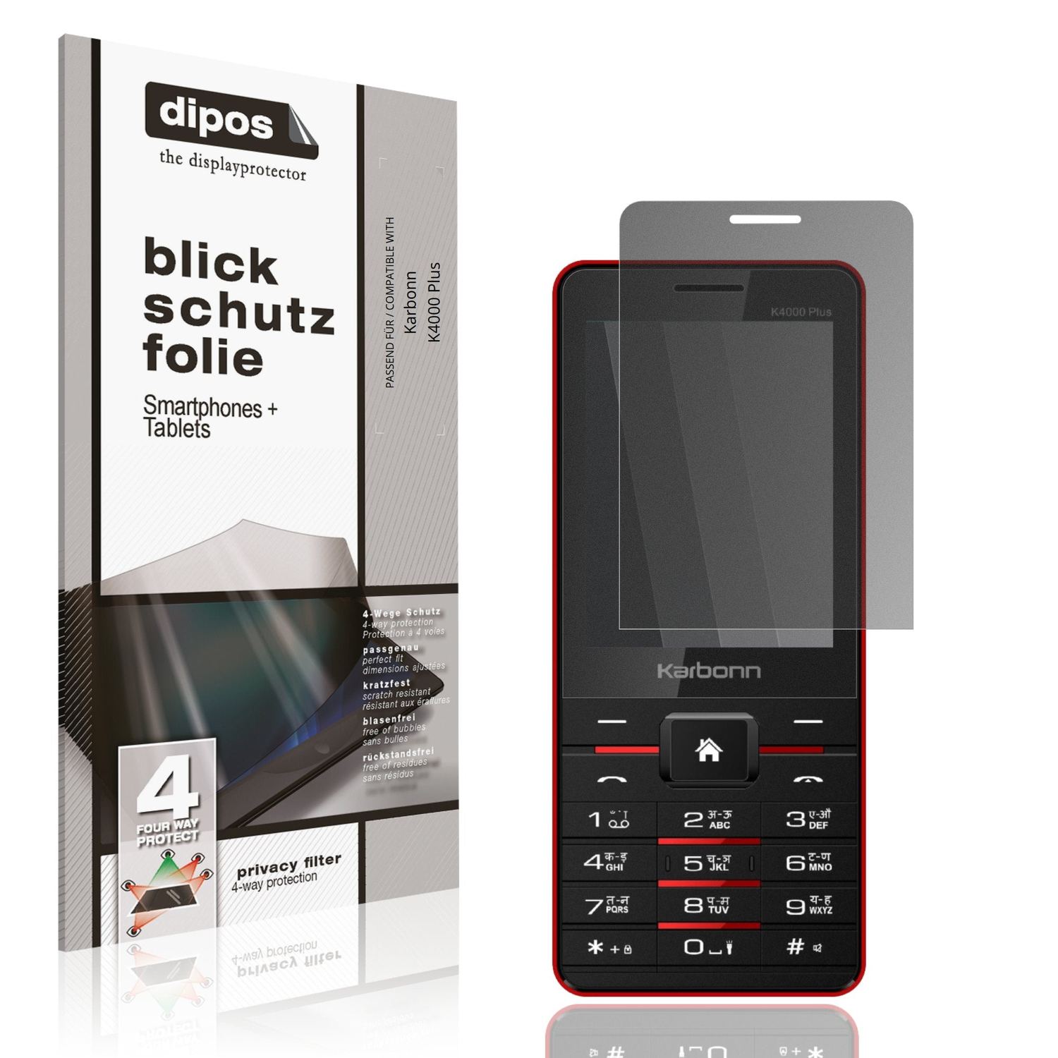 Blickschutzfolie von dipos passend für Karbonn K4000 Plus, präziser Zuschnitt und blasenfrei montiert