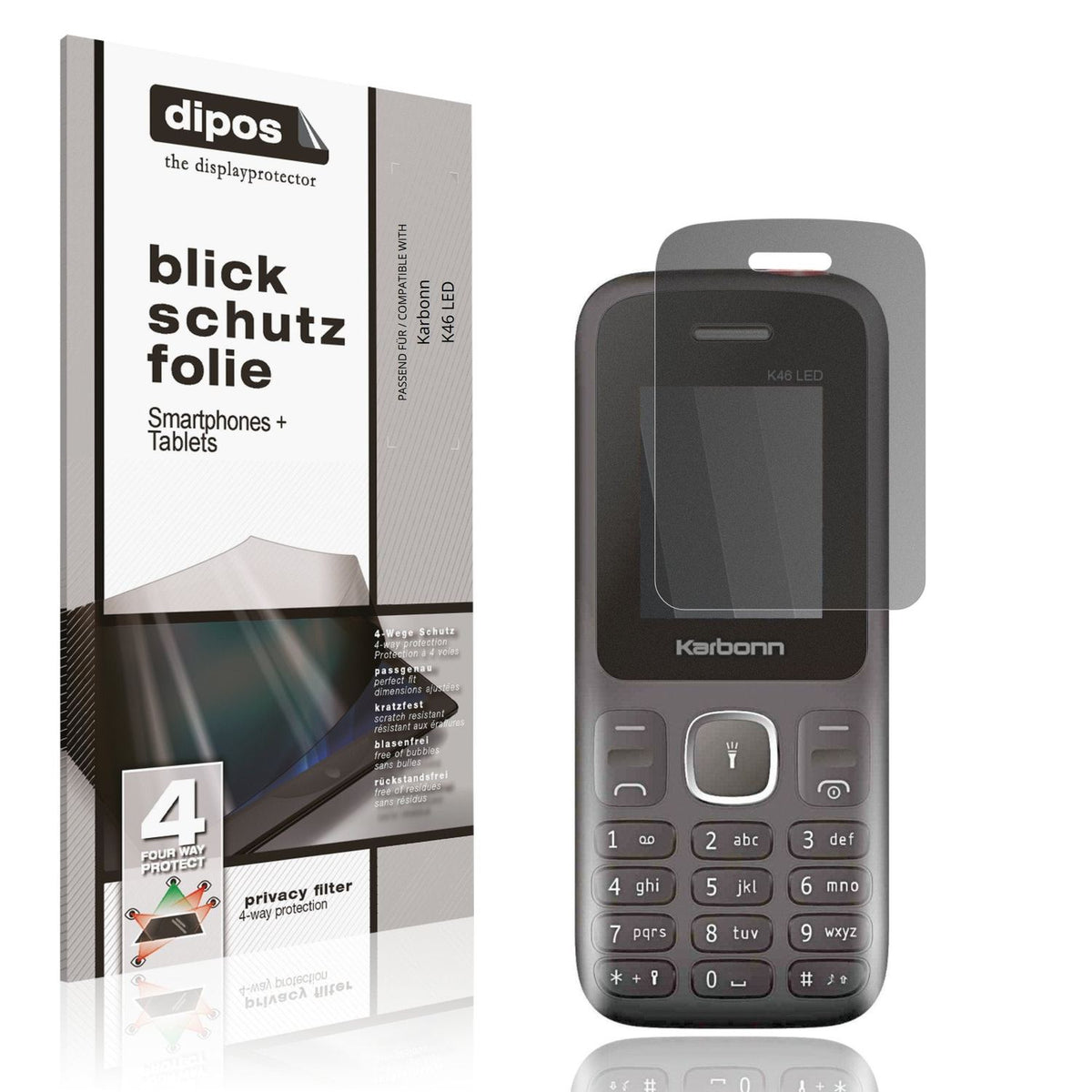 Blickschutzfolie von dipos passend für Karbonn K46 LED, präziser Zuschnitt und blasenfrei montiert