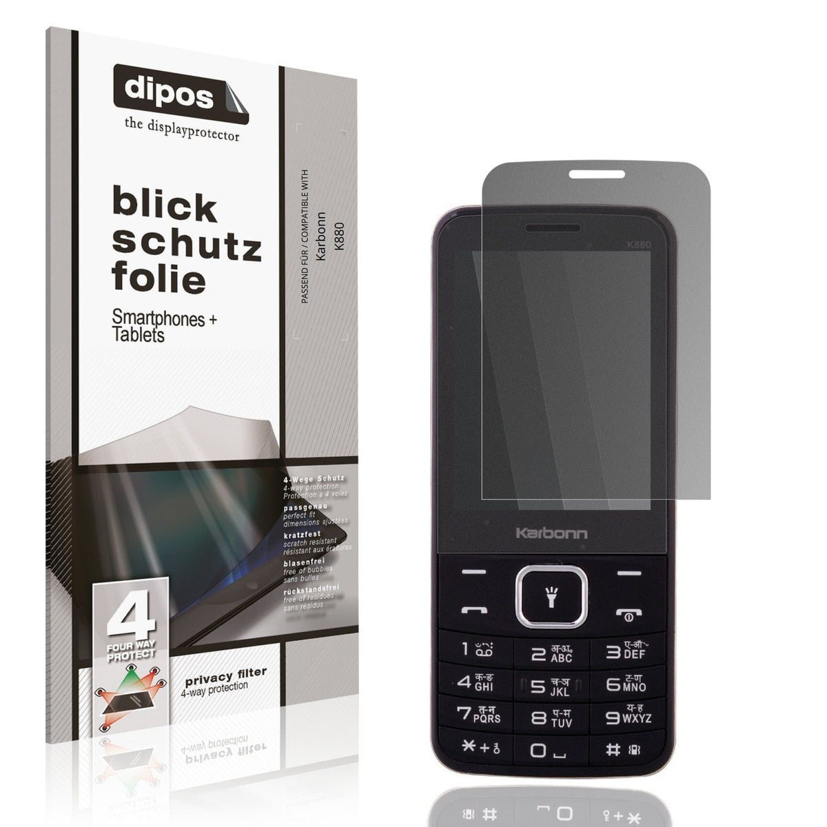 Blickschutzfolie von dipos passend für Karbonn K880, präziser Zuschnitt und blasenfrei montiert