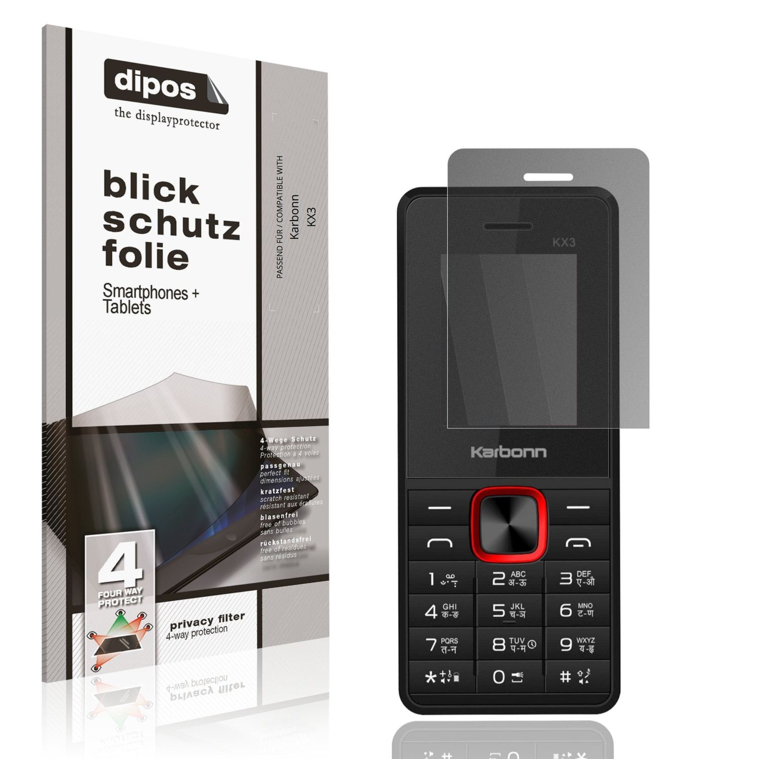 Blickschutzfolie von dipos passend für Karbonn KX3, präziser Zuschnitt und blasenfrei montiert