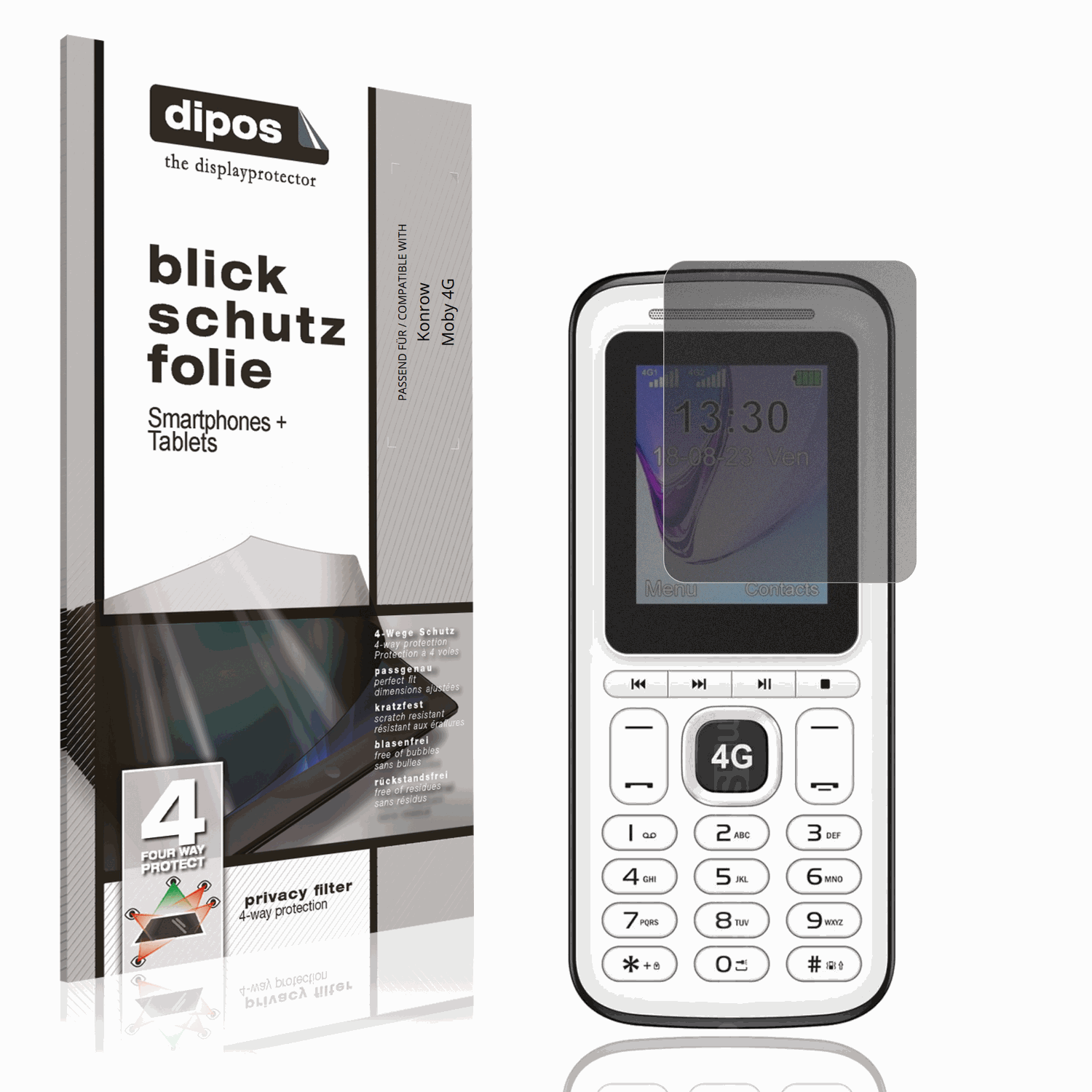 Blickschutzfolie von dipos passend für Konrow Moby 4G, präziser Zuschnitt und blasenfrei montiert