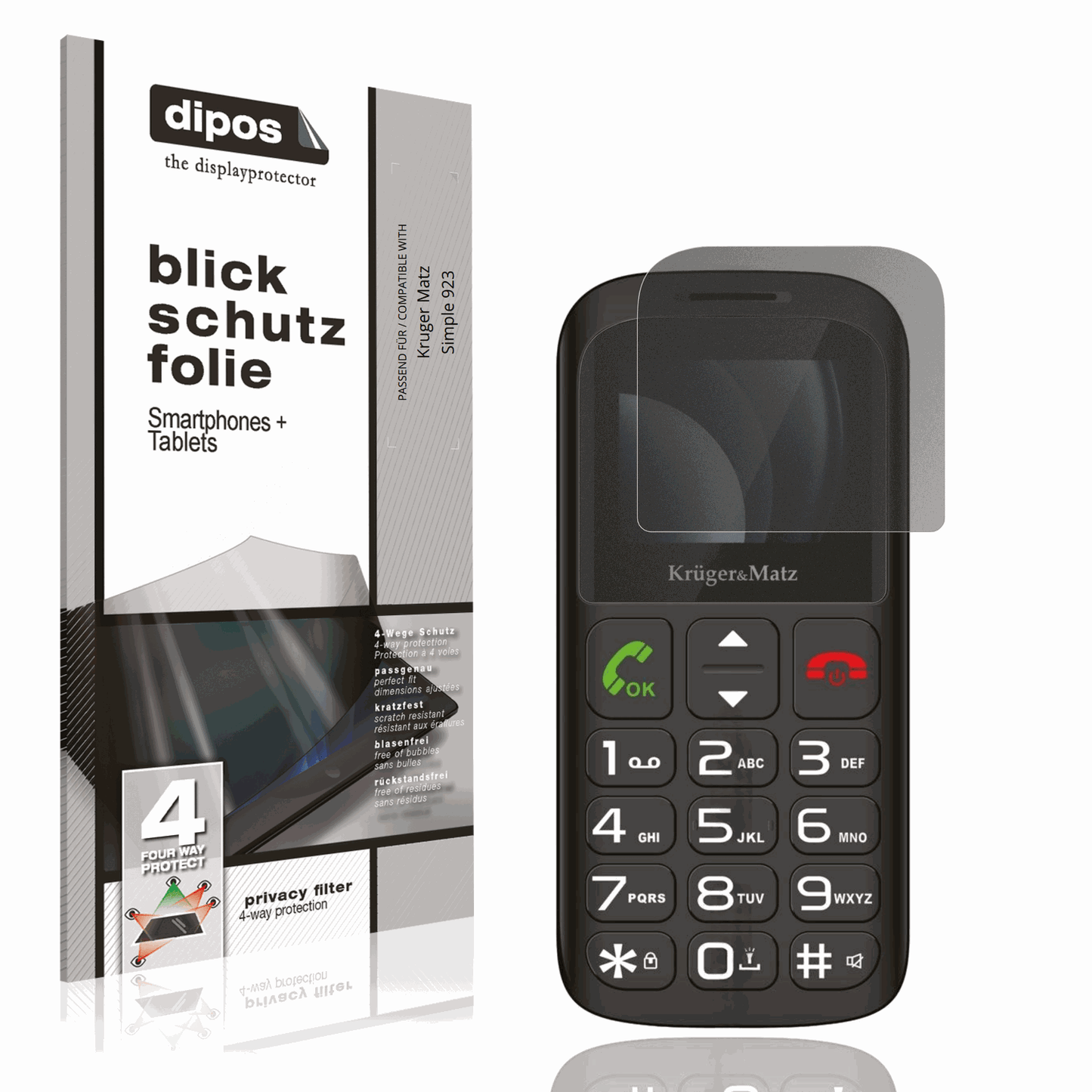 Blickschutzfolie von dipos passend für Kruger Matz Simple 923, präziser Zuschnitt und blasenfrei montiert