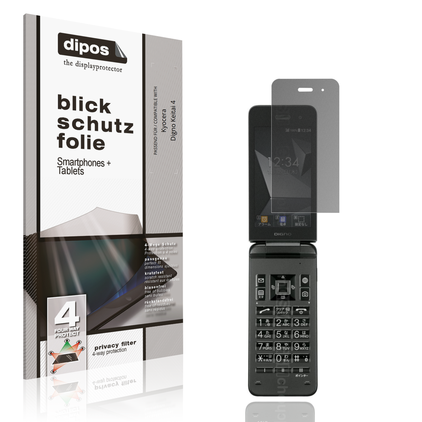 Blickschutzfolie von dipos passend für Kyocera Digno Keitai 4, präziser Zuschnitt und blasenfrei montiert