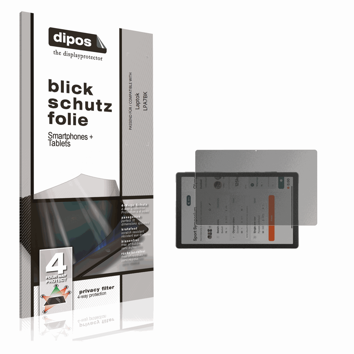 Blickschutzfolie von dipos passend für Laptok LPA7BK, präziser Zuschnitt und blasenfrei montiert