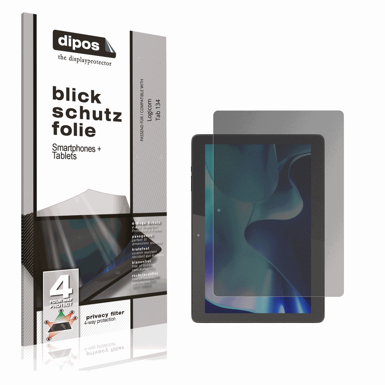 Blickschutzfolie von dipos passend für Logicom Tab 134, präziser Zuschnitt und blasenfrei montiert