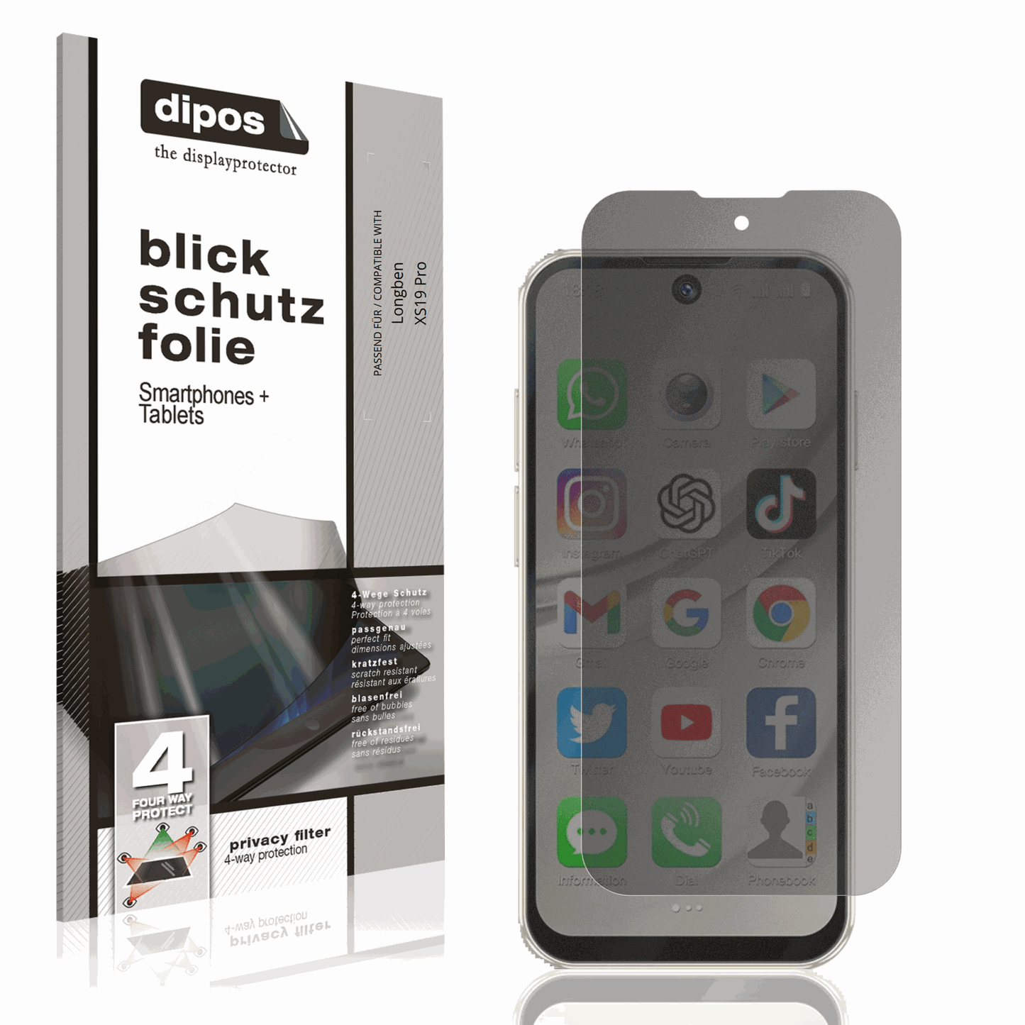 Blickschutzfolie von dipos passend für Longben XS19 Pro, präziser Zuschnitt und blasenfrei montiert