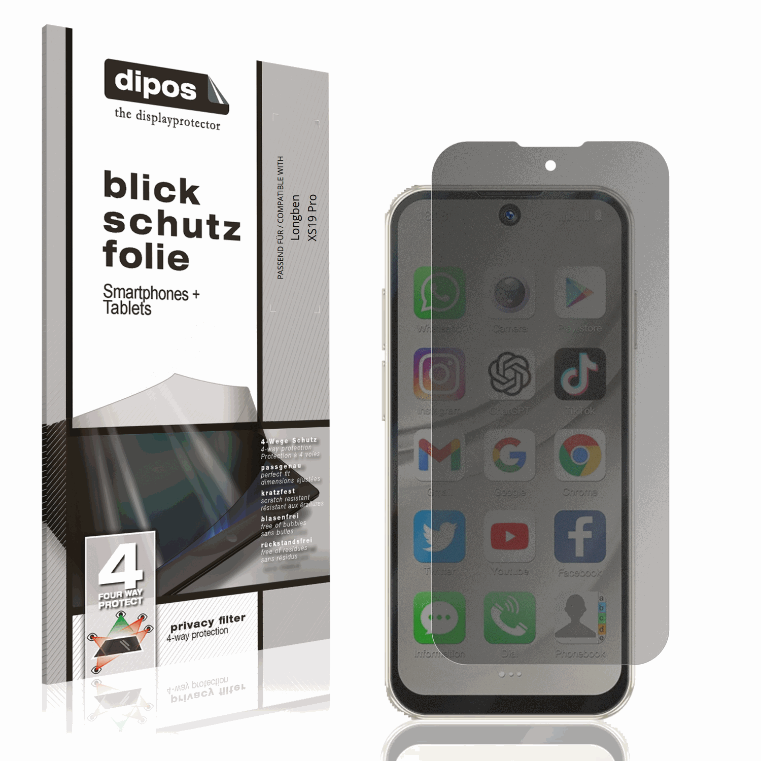Blickschutzfolie von dipos passend für Longben XS19 Pro, präziser Zuschnitt und blasenfrei montiert