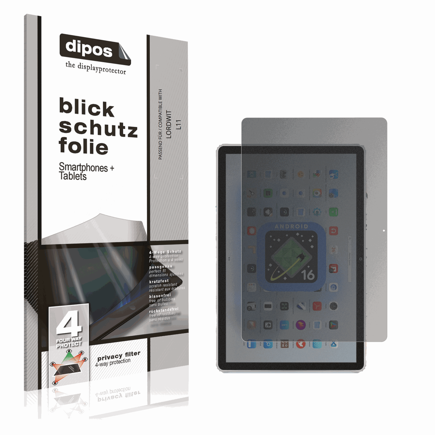 Blickschutzfolie von dipos passend für LORDWIT L11, präziser Zuschnitt und blasenfrei montiert