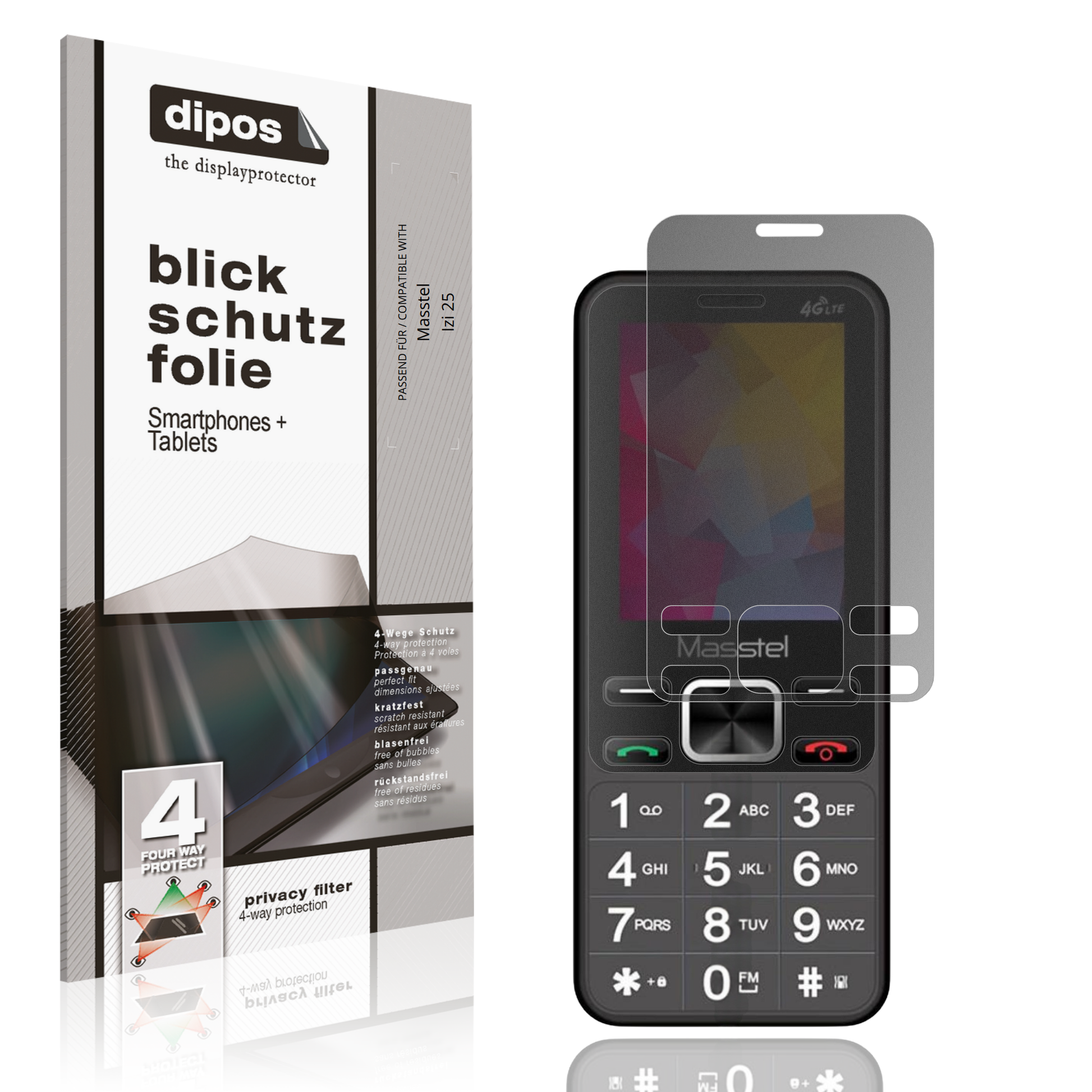 Blickschutzfolie von dipos passend für Masstel Izi 25, präziser Zuschnitt und blasenfrei montiert