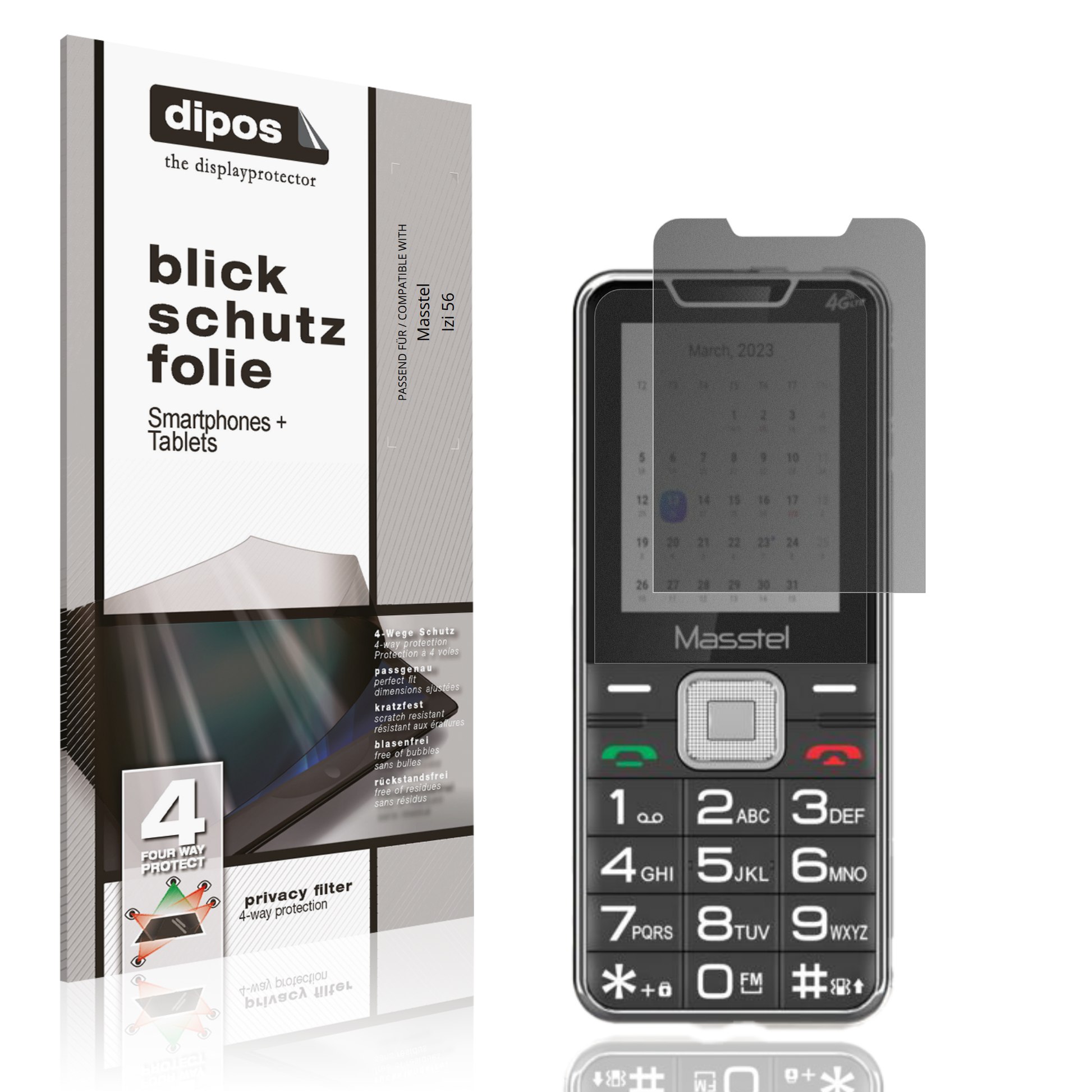 Blickschutzfolie von dipos passend für Masstel Izi 56, präziser Zuschnitt und blasenfrei montiert