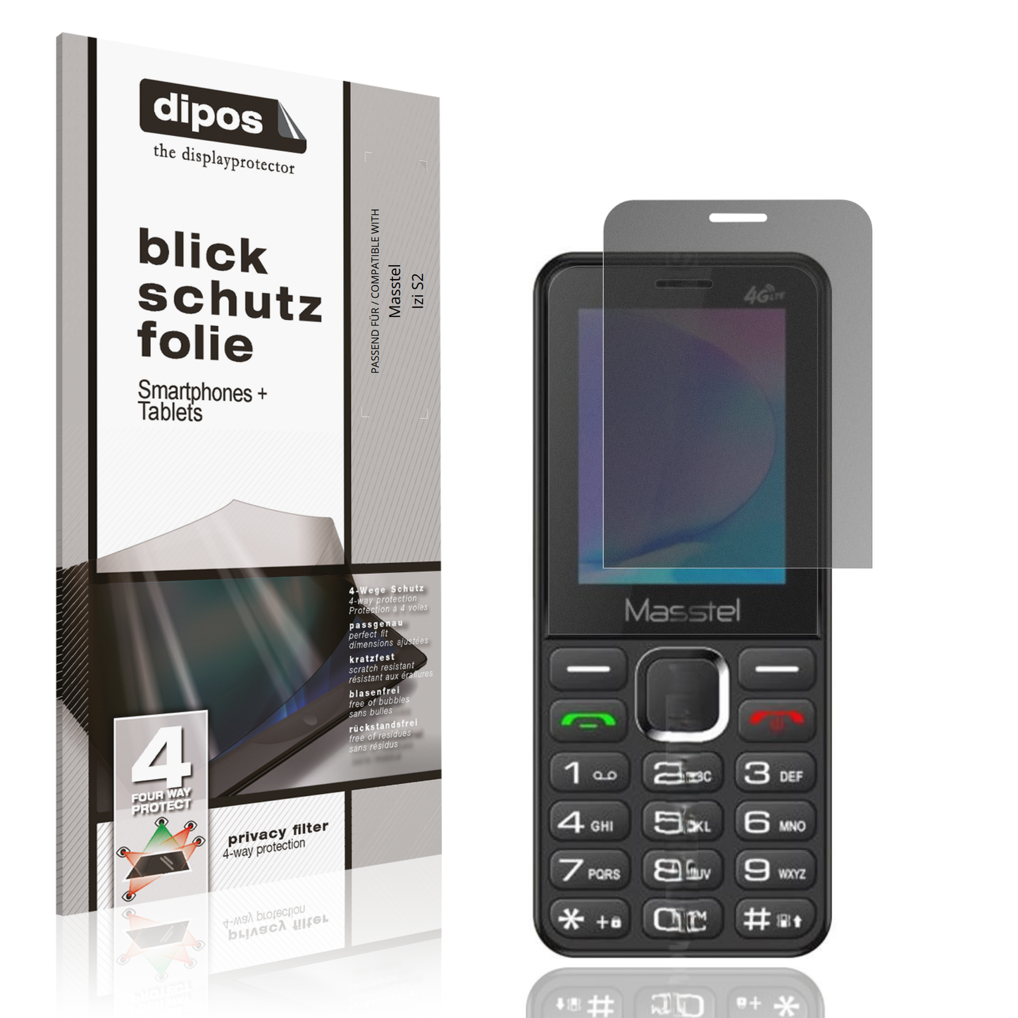 Blickschutzfolie von dipos passend für Masstel Izi S2, präziser Zuschnitt und blasenfrei montiert