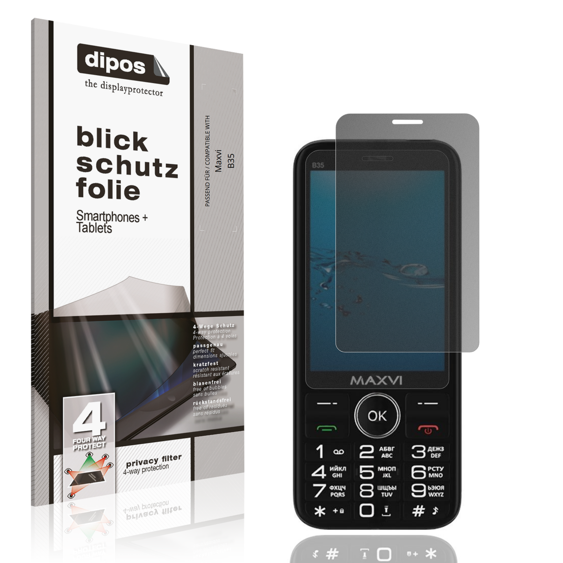 Blickschutzfolie von dipos passend für Maxvi B35, präziser Zuschnitt und blasenfrei montiert