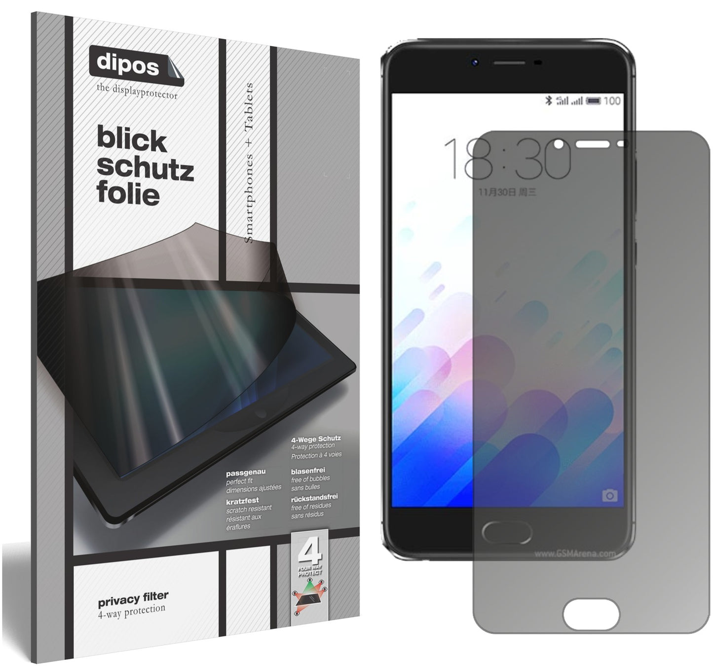 Blickschutzfolie von dipos passend für Meizu M3X, präziser Zuschnitt und blasenfrei montiert