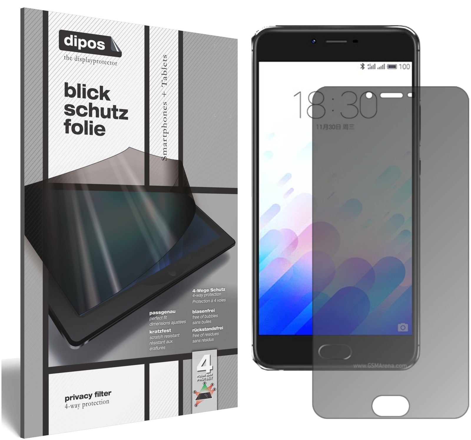 Blickschutzfolie von dipos passend für Meizu M3X, präziser Zuschnitt und blasenfrei montiert