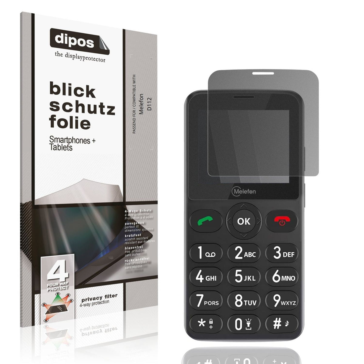 Blickschutzfolie von dipos passend für Melefon D112, präziser Zuschnitt und blasenfrei montiert