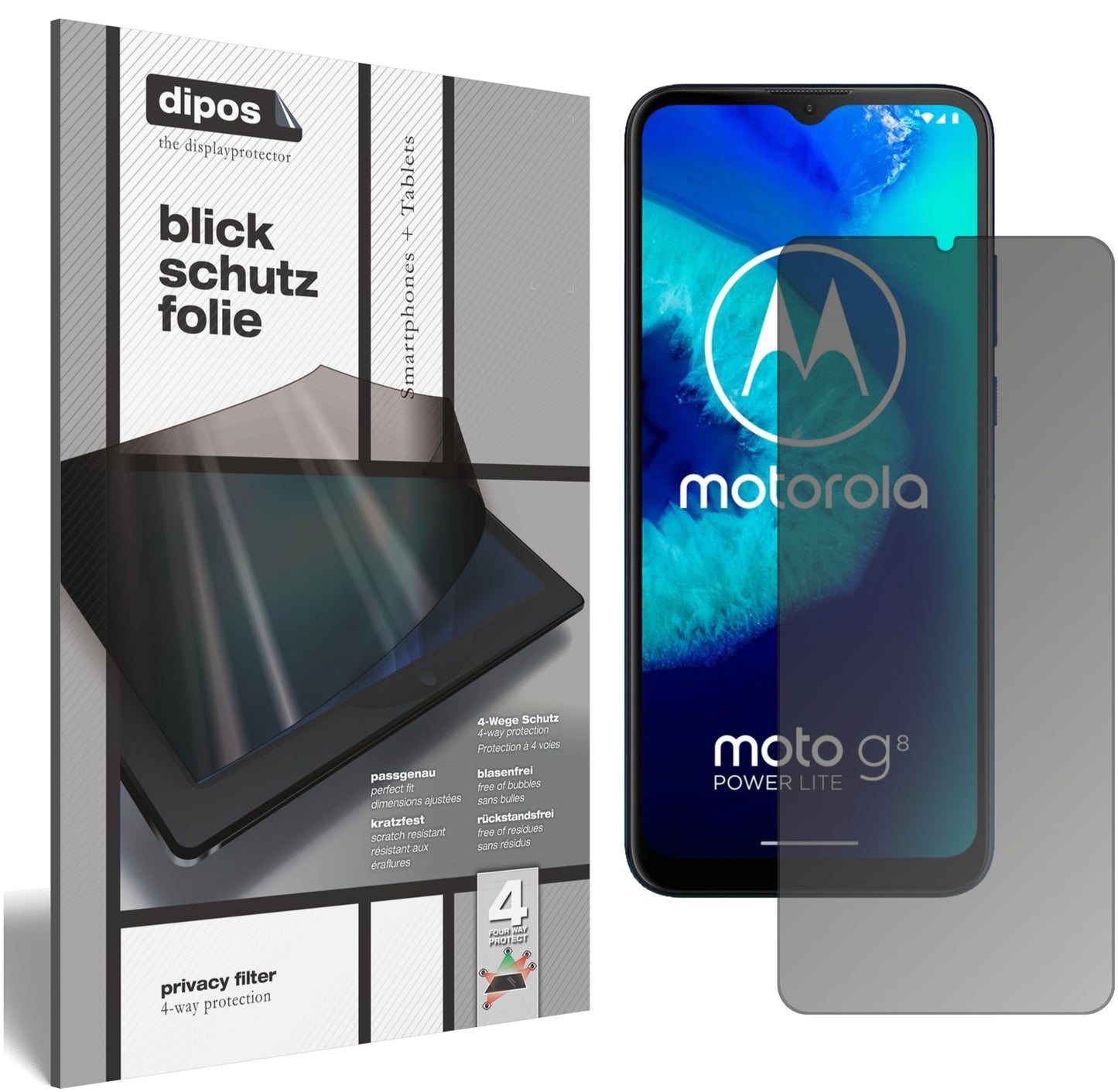 Blickschutzfolie von dipos passend für Motorola Moto G8 Power Lite, präziser Zuschnitt und blasenfrei montiert