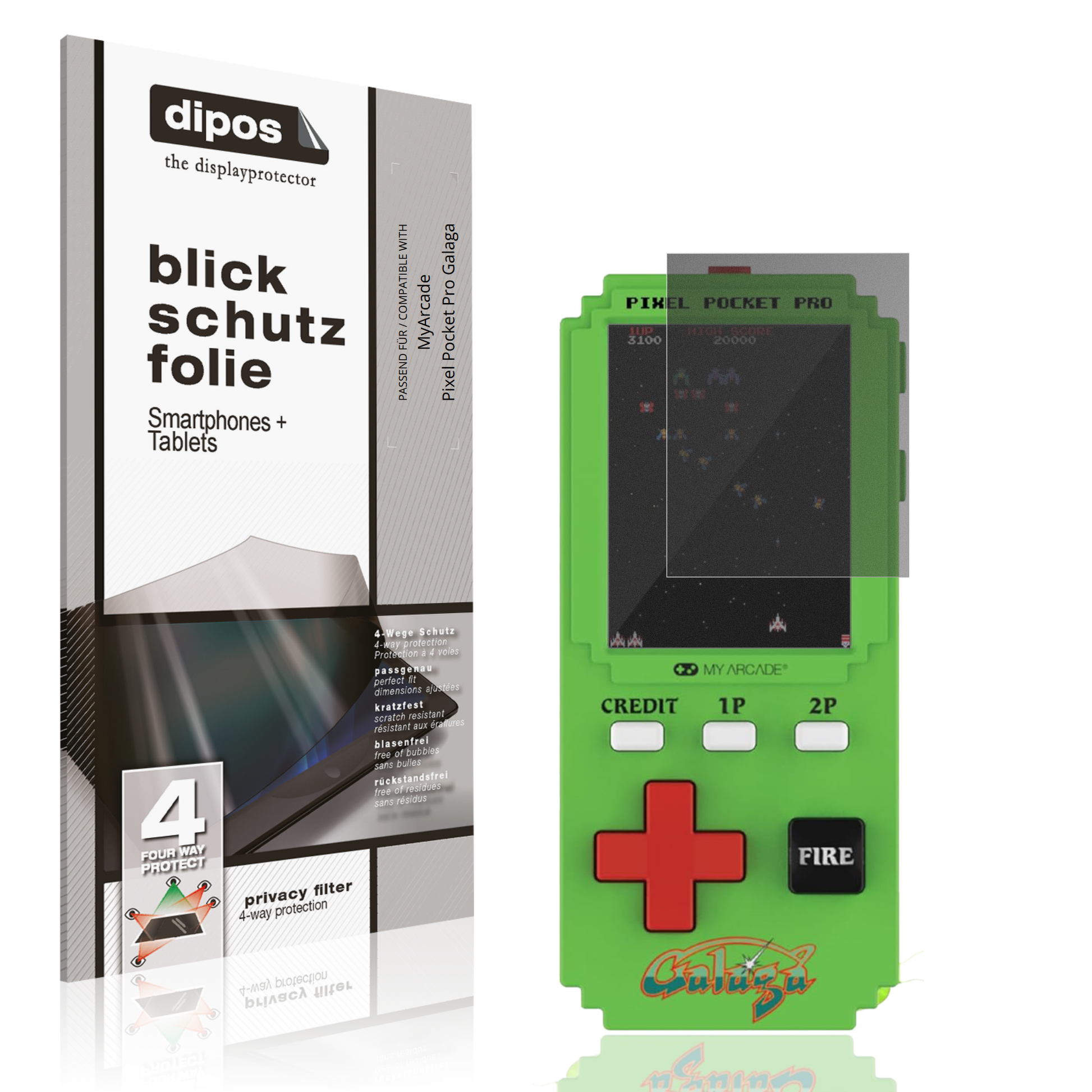 Blickschutzfolie von dipos passend für MyArcade Pixel Pocket Pro Galaga, präziser Zuschnitt und blasenfrei montiert