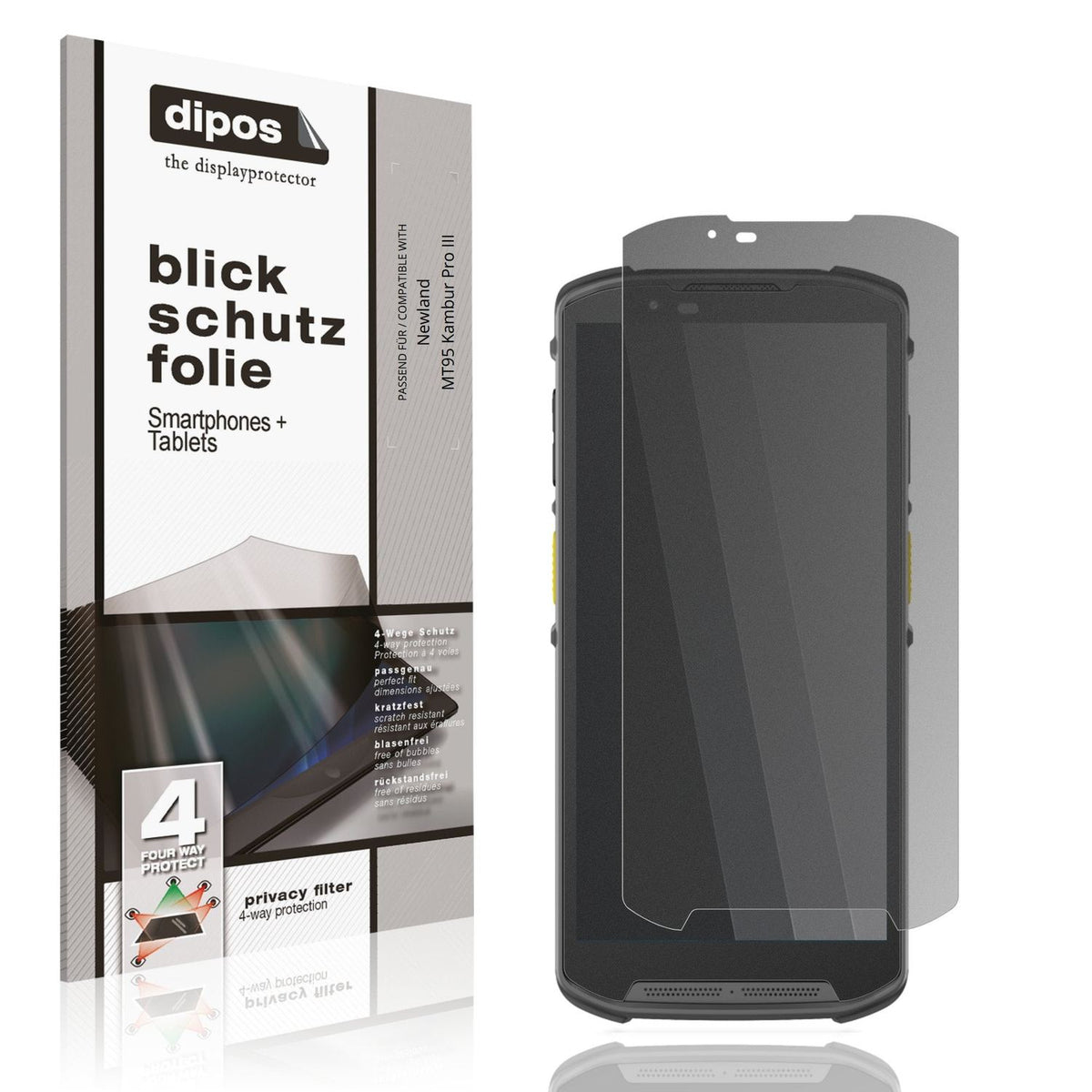 Blickschutzfolie von dipos passend für Newland MT95 Kambur Pro III, präziser Zuschnitt und blasenfrei montiert