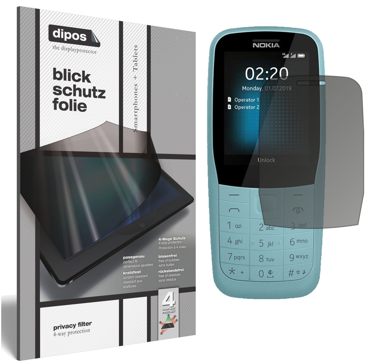 Blickschutzfolie von dipos passend für Nokia 220 4G, präziser Zuschnitt und blasenfrei montiert