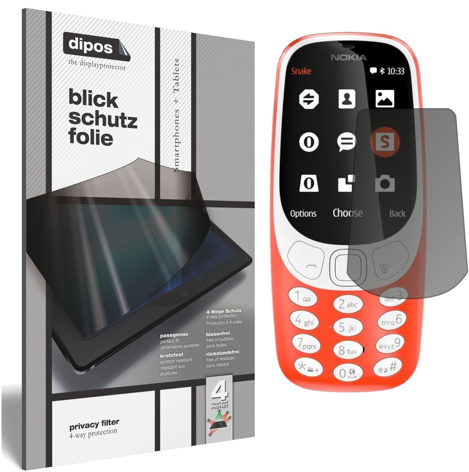 Blickschutzfolie von dipos passend für Nokia 3310, präziser Zuschnitt und blasenfrei montiert
