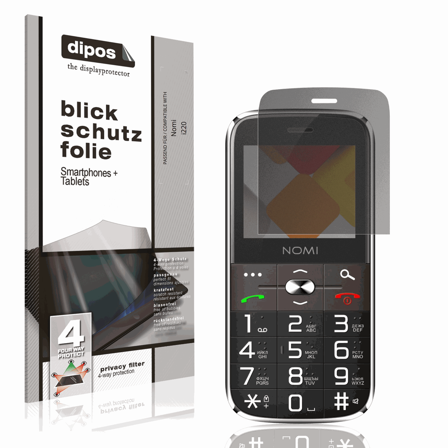 Blickschutzfolie von dipos passend für Nomi i220, präziser Zuschnitt und blasenfrei montiert