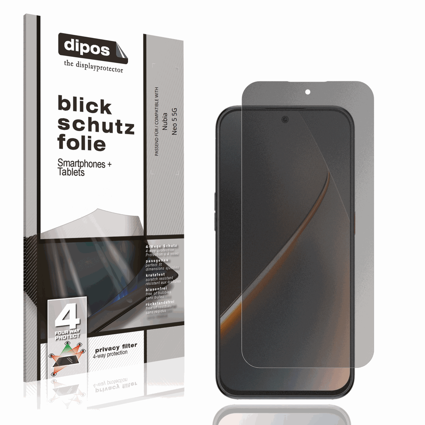 Blickschutzfolie von dipos passend für Nubia Neo 5 5G, präziser Zuschnitt und blasenfrei montiert