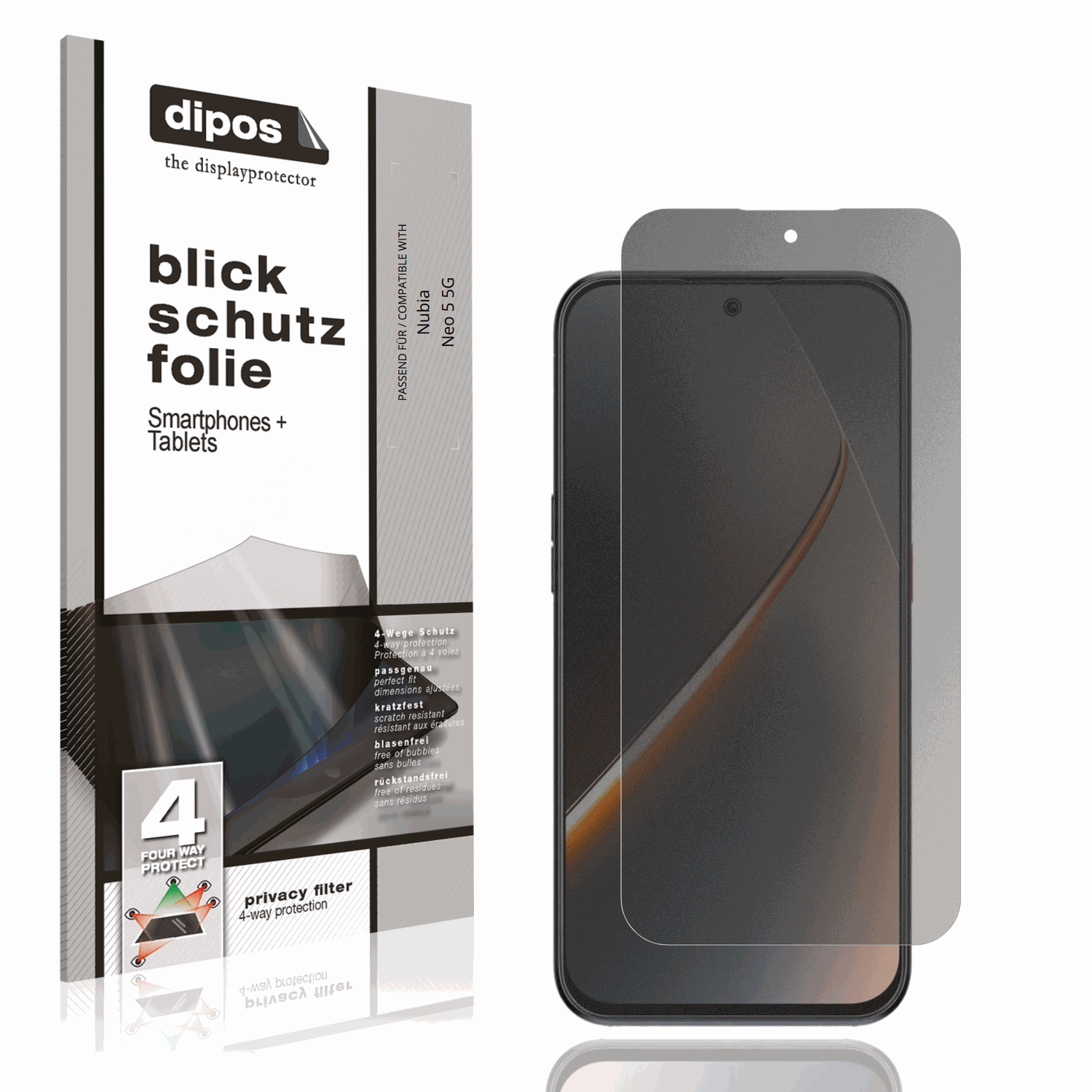 Blickschutzfolie von dipos passend für Nubia Neo 5 5G, präziser Zuschnitt und blasenfrei montiert