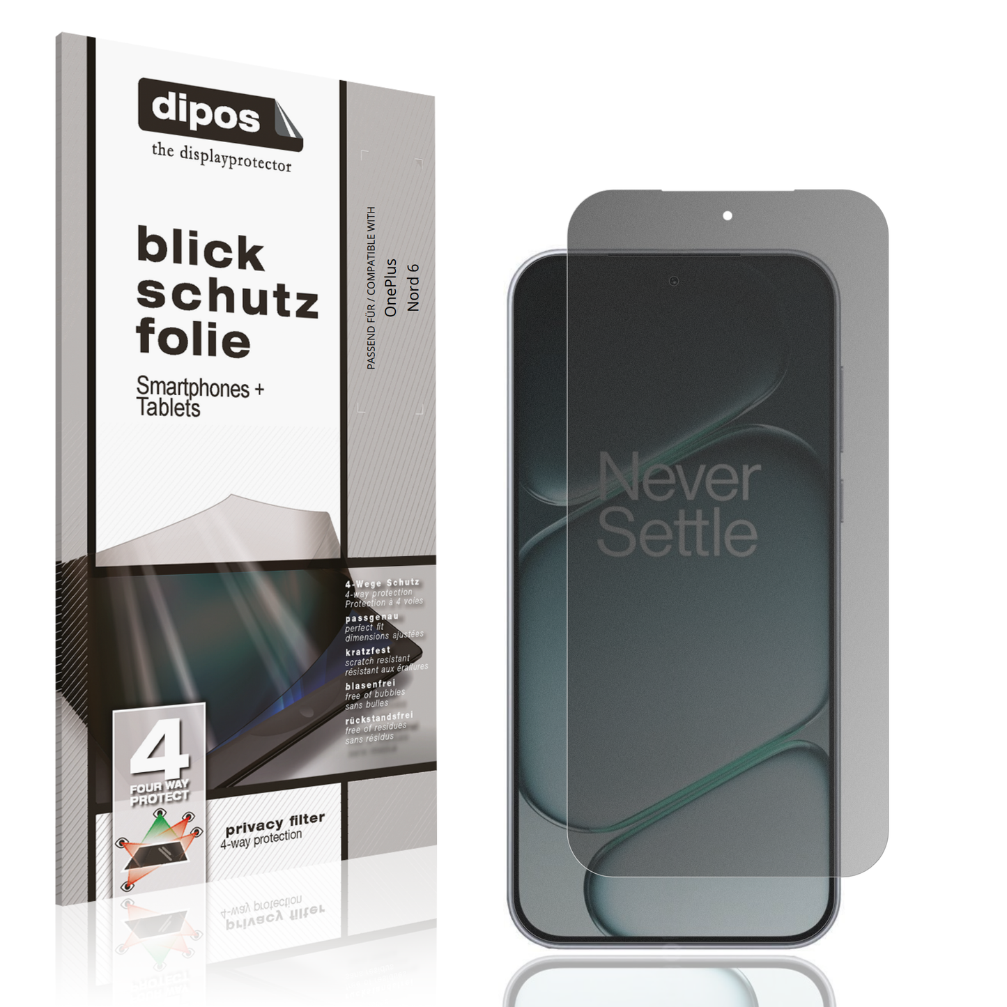 Blickschutzfolie von dipos passend für OnePlus Nord 6, präziser Zuschnitt und blasenfrei montiert