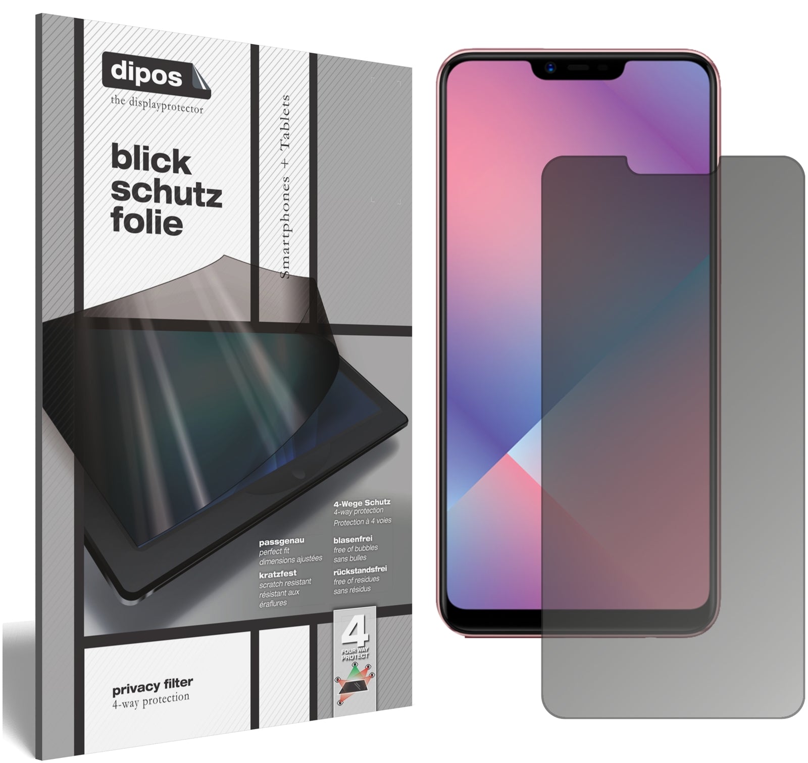 Blickschutzfolie von dipos passend für Oppo A5, präziser Zuschnitt und blasenfrei montiert