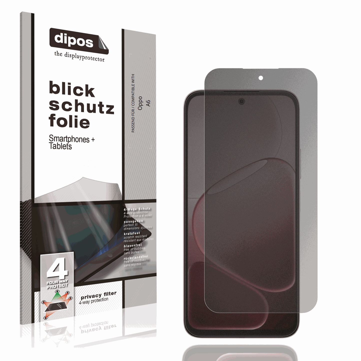 Blickschutzfolie von dipos passend f�r Oppo A6, pr�ziser Zuschnitt und blasenfrei montiert