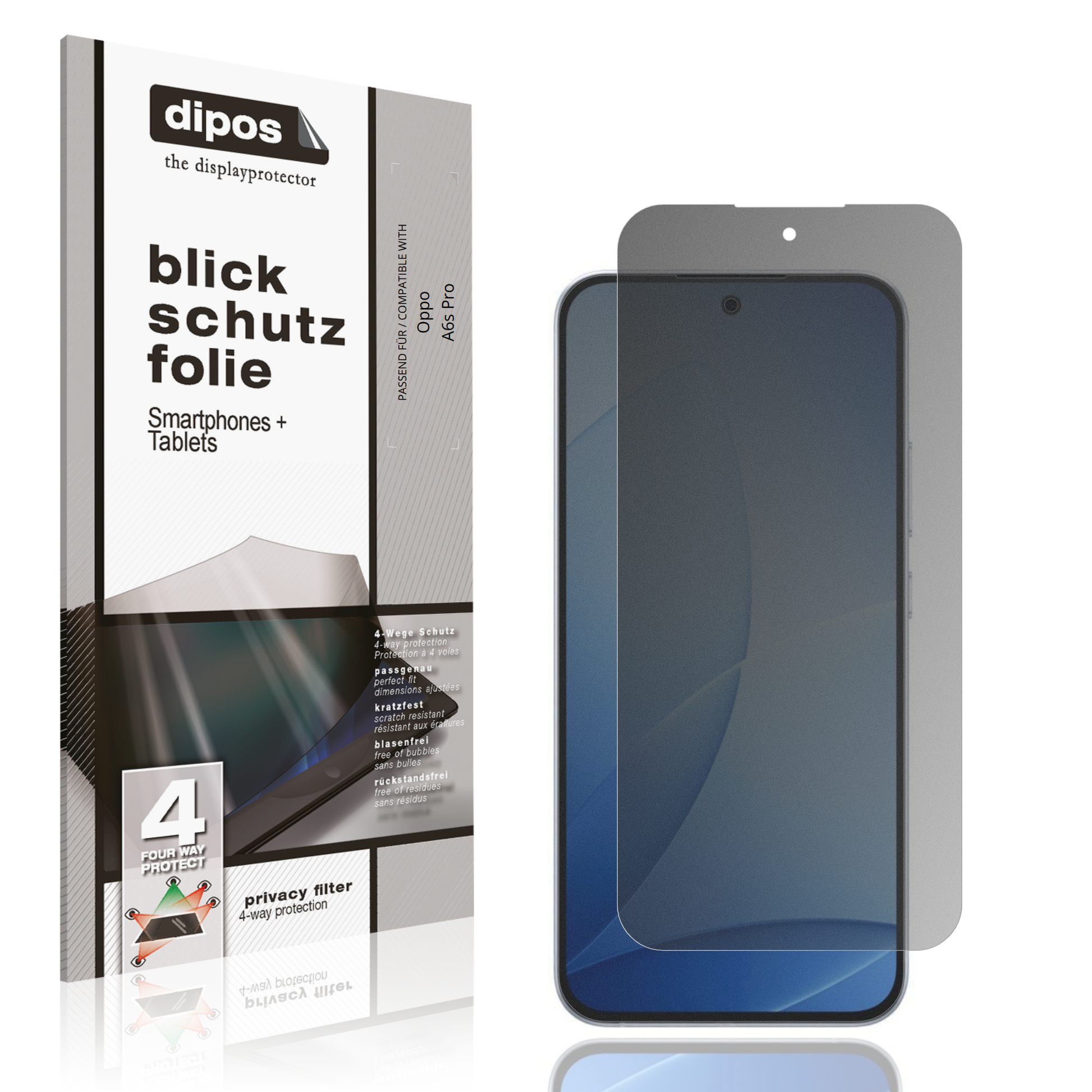 Blickschutzfolie von dipos passend für Oppo A6s Pro, präziser Zuschnitt und blasenfrei montiert