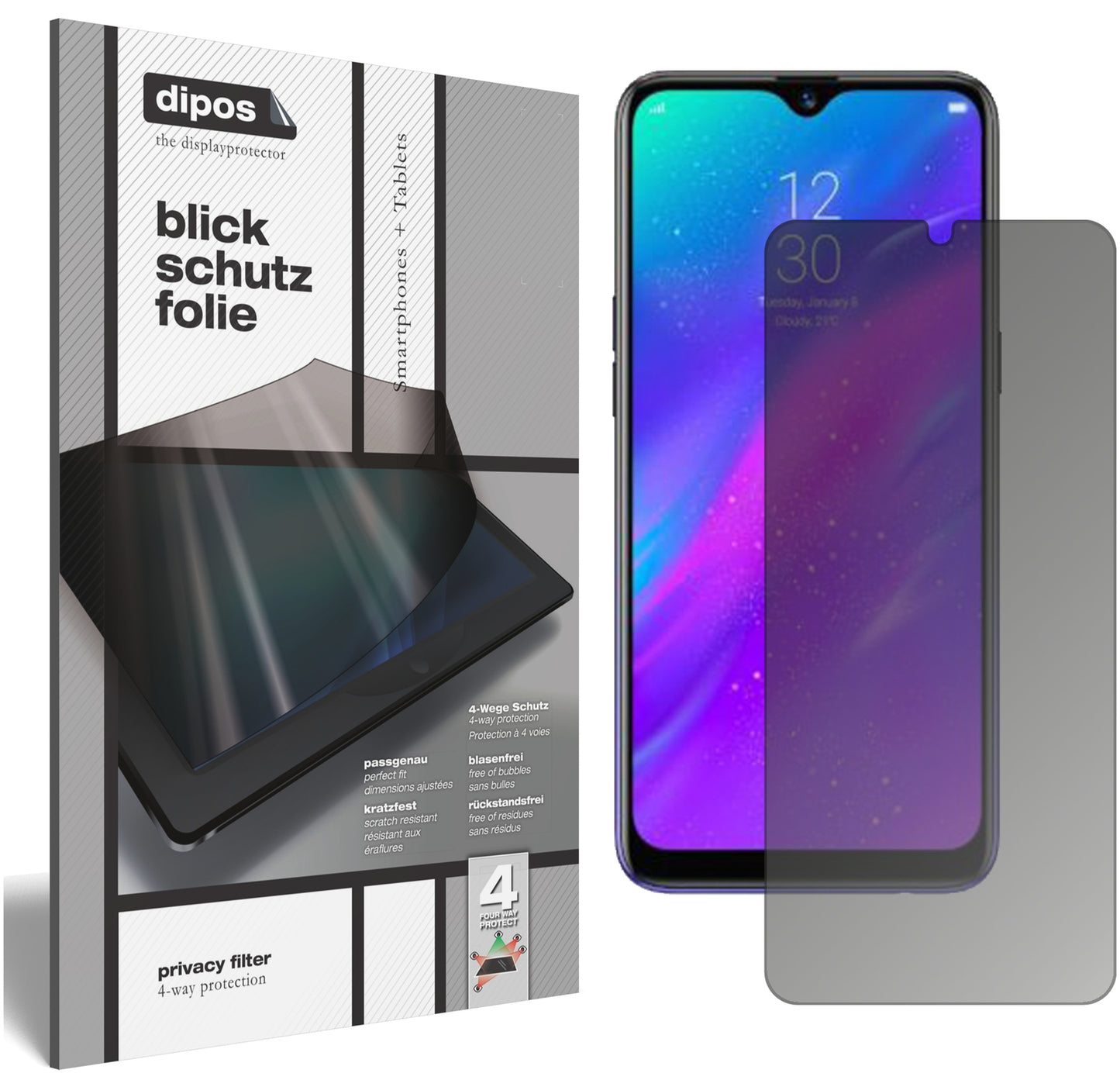 Blickschutzfolie von dipos passend für Oppo Realme 3 Pro, präziser Zuschnitt und blasenfrei montiert