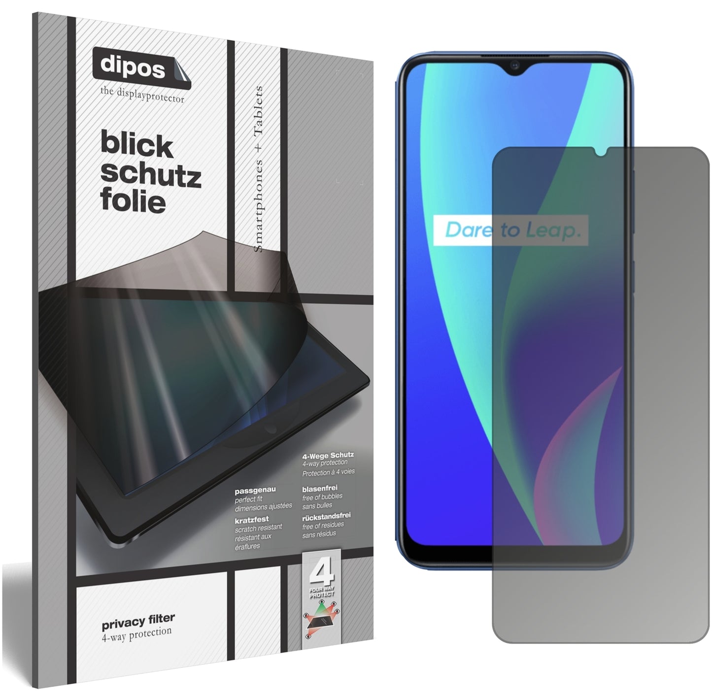 Blickschutzfolie von dipos passend für Oppo Realme C3, präziser Zuschnitt und blasenfrei montiert