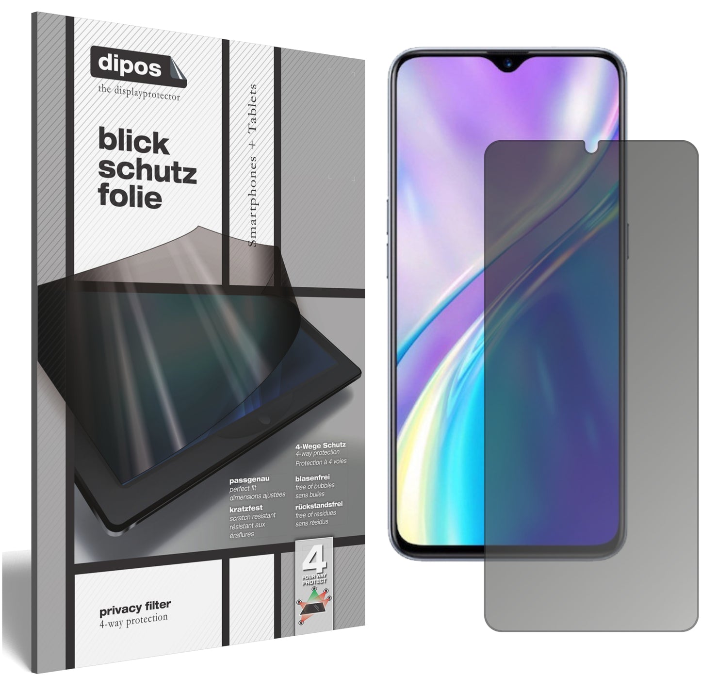 Blickschutzfolie von dipos passend für Oppo Realme XT, präziser Zuschnitt und blasenfrei montiert
