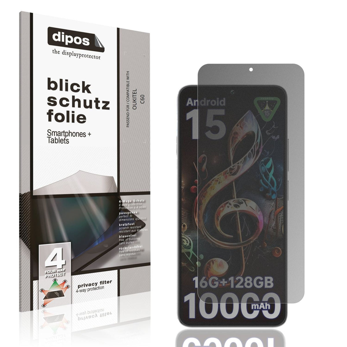 Blickschutzfolie von dipos passend für OUKITEL C60, präziser Zuschnitt und blasenfrei montiert