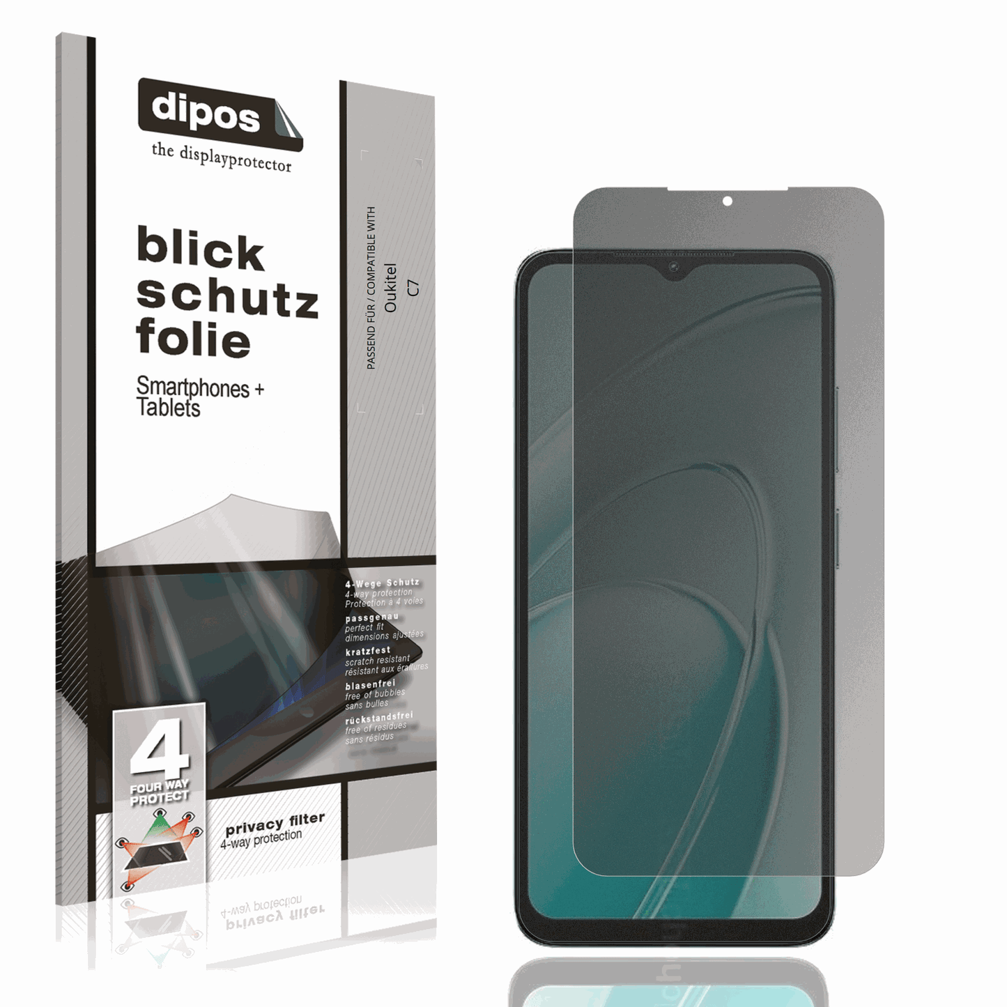 Blickschutzfolie von dipos passend f�r Oukitel C7, pr�ziser Zuschnitt und blasenfrei montiert