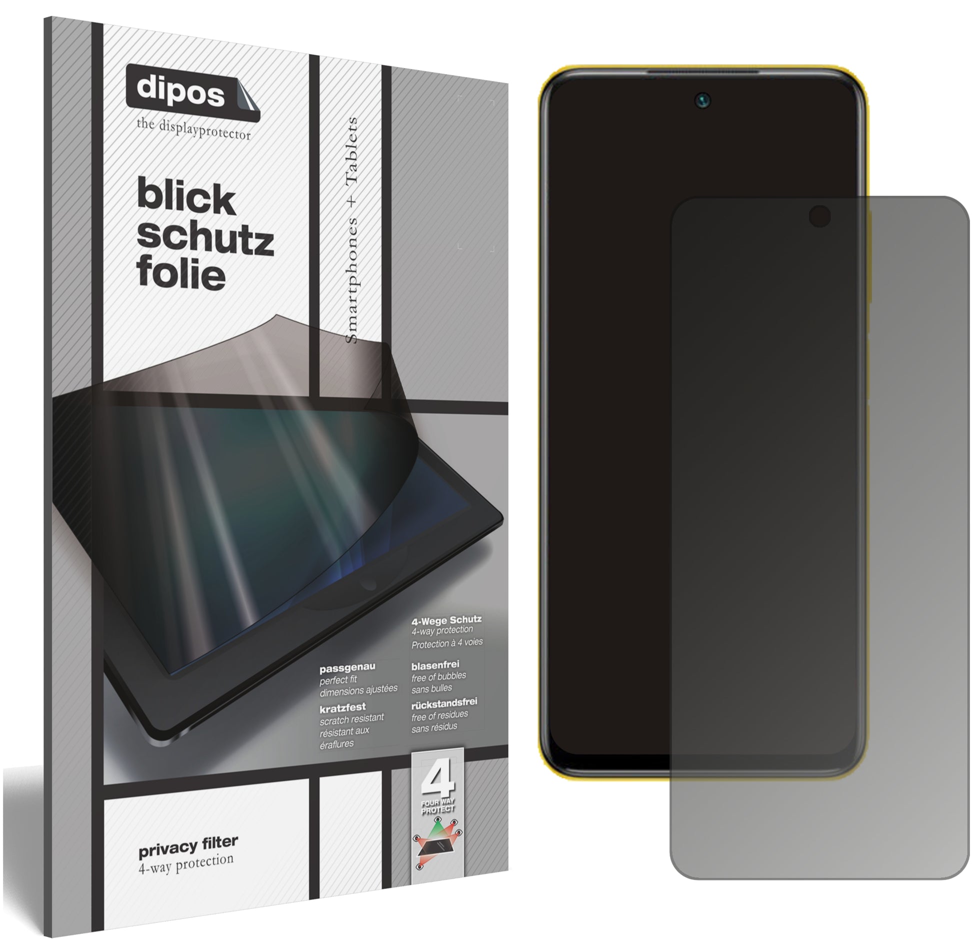 Blickschutzfolie von dipos passend für Poco M3 Pro 5G, präziser Zuschnitt und blasenfrei montiert