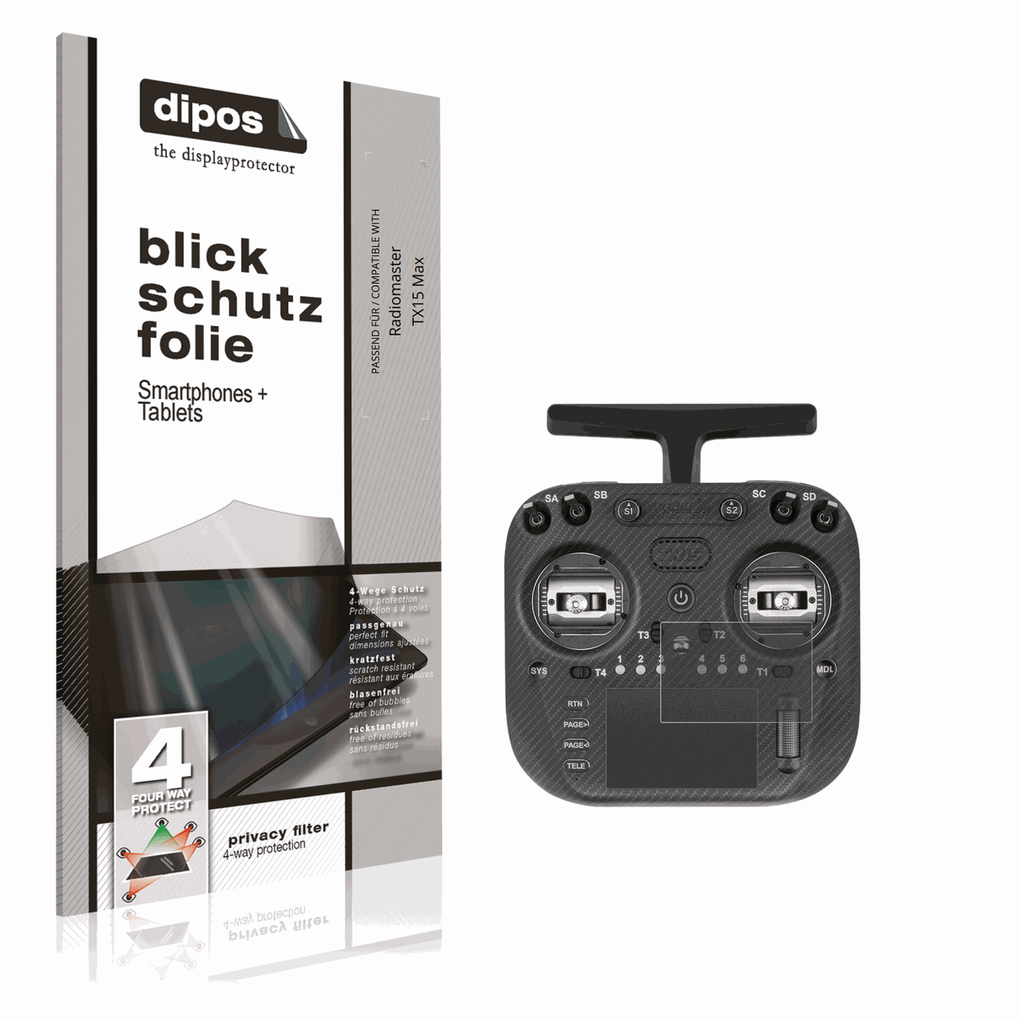Blickschutzfolie von dipos passend f�r Radiomaster TX15 Max, pr�ziser Zuschnitt und blasenfrei montiert