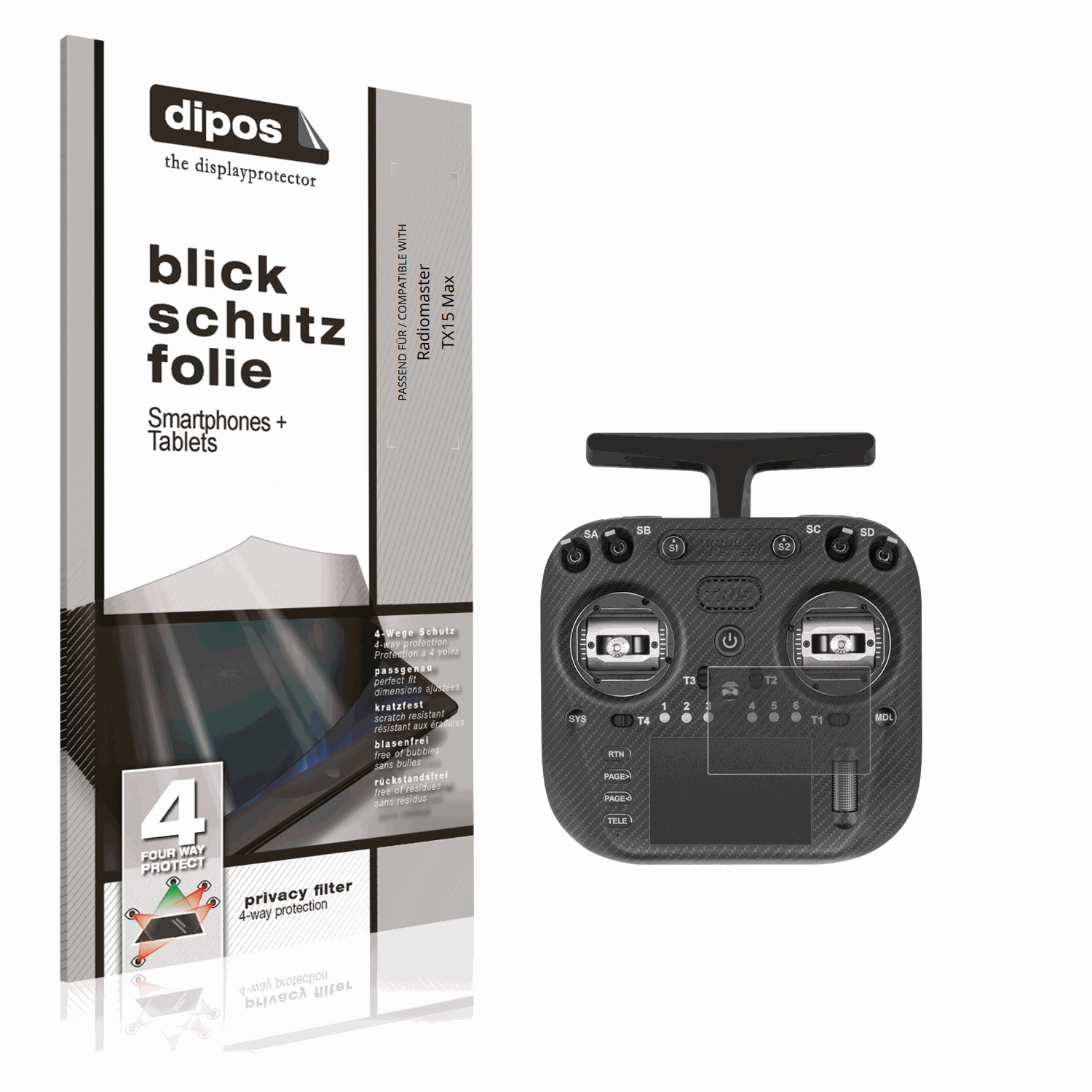 Blickschutzfolie von dipos passend f�r Radiomaster TX15 Max, pr�ziser Zuschnitt und blasenfrei montiert