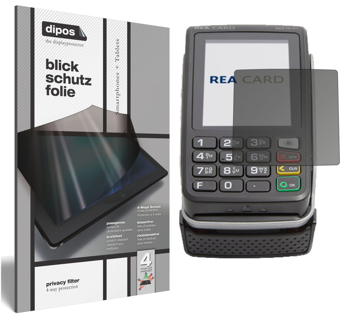 Blickschutzfolie von dipos passend für REA CARD T9 flex Terminal, präziser Zuschnitt und blasenfrei montiert
