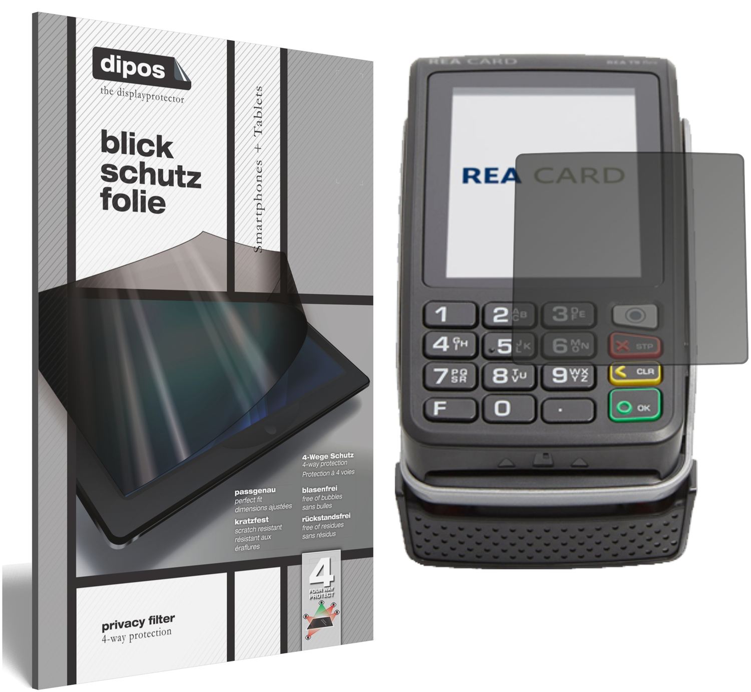 Blickschutzfolie von dipos passend für REA CARD T9 flex Terminal, präziser Zuschnitt und blasenfrei montiert