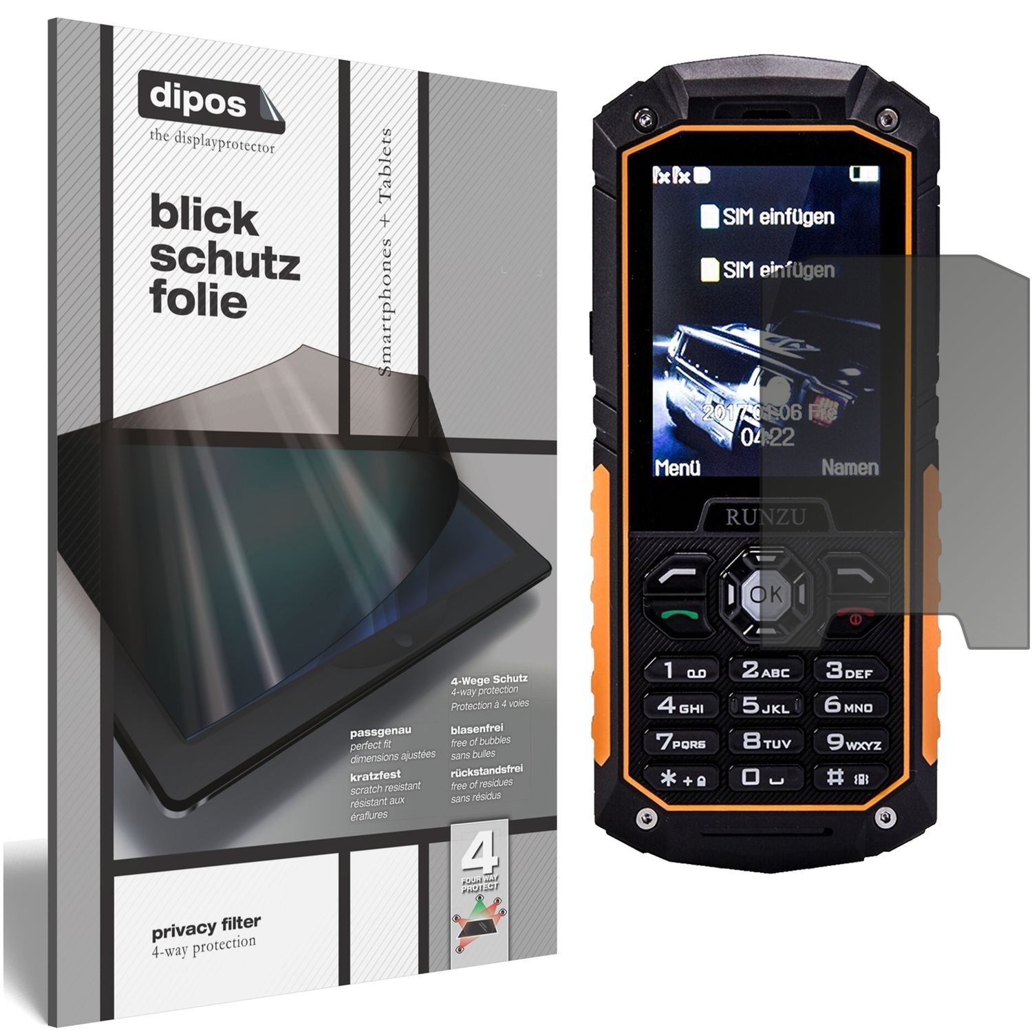 Blickschutzfolie von dipos passend für Runzu M8, präziser Zuschnitt und blasenfrei montiert