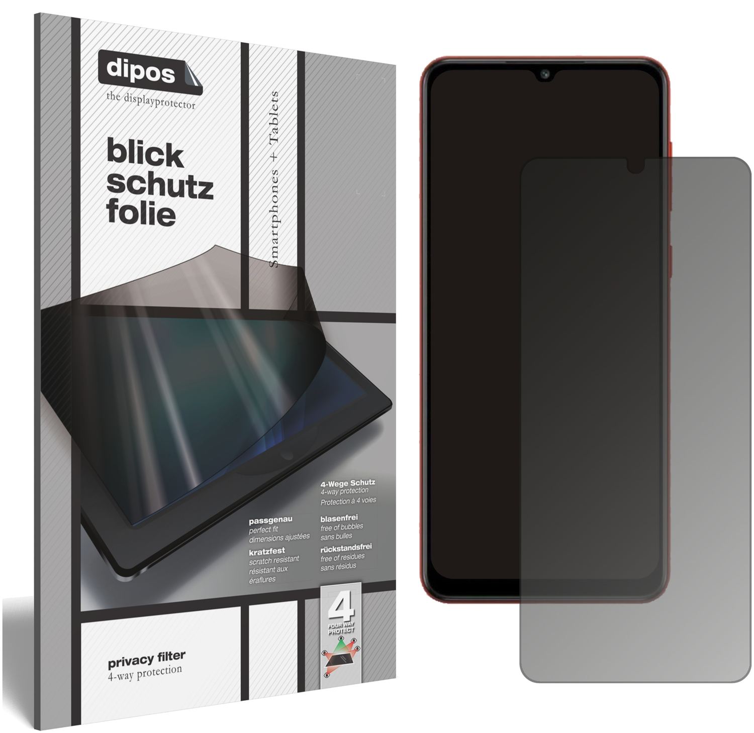 Blickschutzfolie von dipos passend für Samsung Galaxy A02s, präziser Zuschnitt und blasenfrei montiert